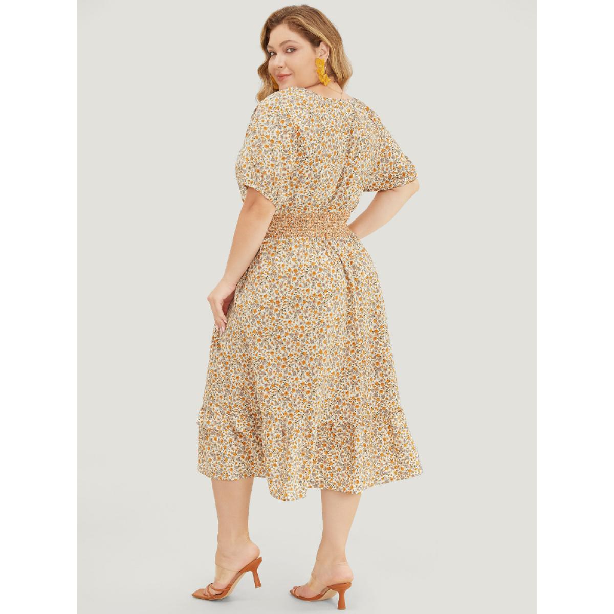 Plus Size Ditsy Floral Pocket Puff Sleeve Shirred Ruffle Trim Dress Apricot Women Elegant Gathered V-neck Short sleeve Curvy Midi Dress BloomChic 22-24/3X Product Image