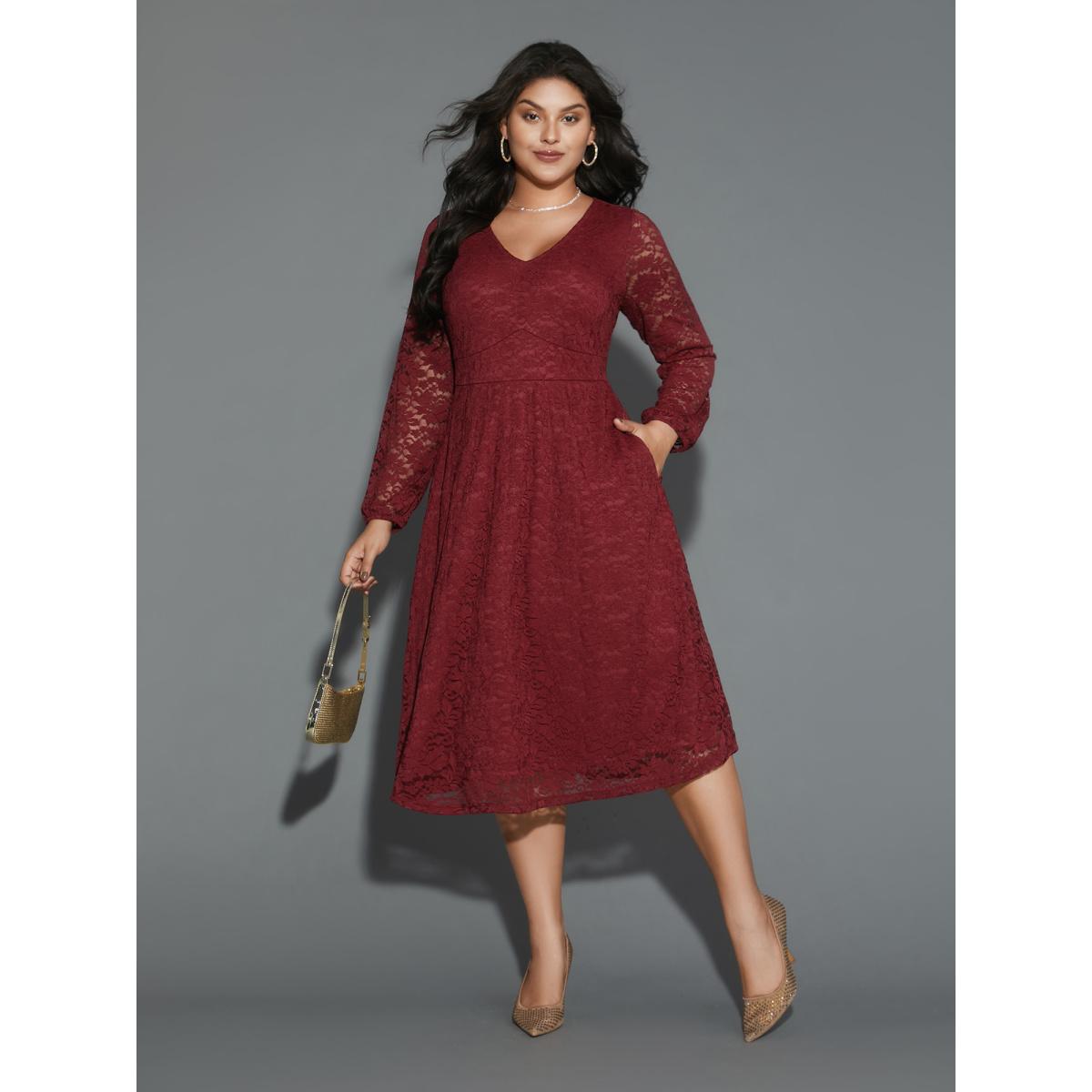 Plus Size Solid Lace Patchwork Lantern Sleeve Dress Burgundy Women Cocktail Woven ribbon&lace trim Party Curvy Bloomchic 30/6X Product Image