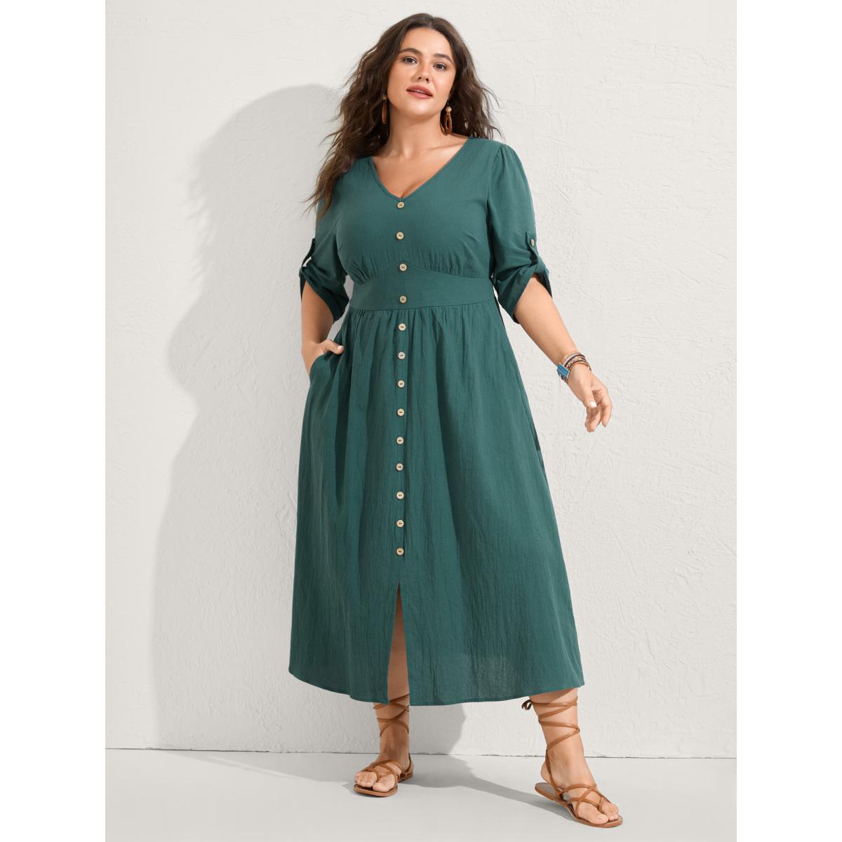 Plus Size Pure Cotton Button Gathered Sleeve Midi Dress Teal Women Boho Gathered V-neck Elbow-length sleeve Curvy BloomChic 26/4X Product Image