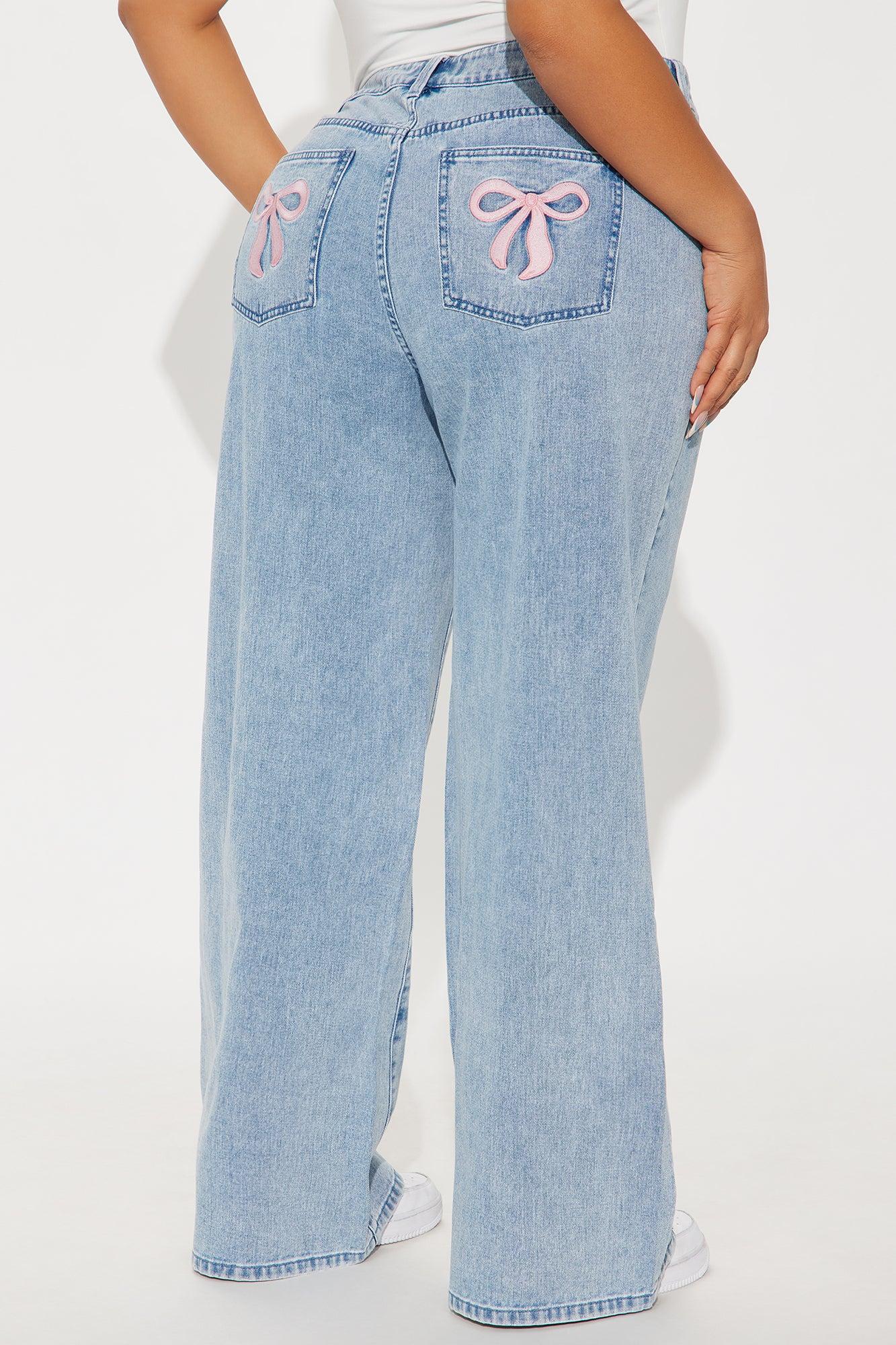Taking A Bow Embroidered Baggy Jeans - Light Wash Product Image