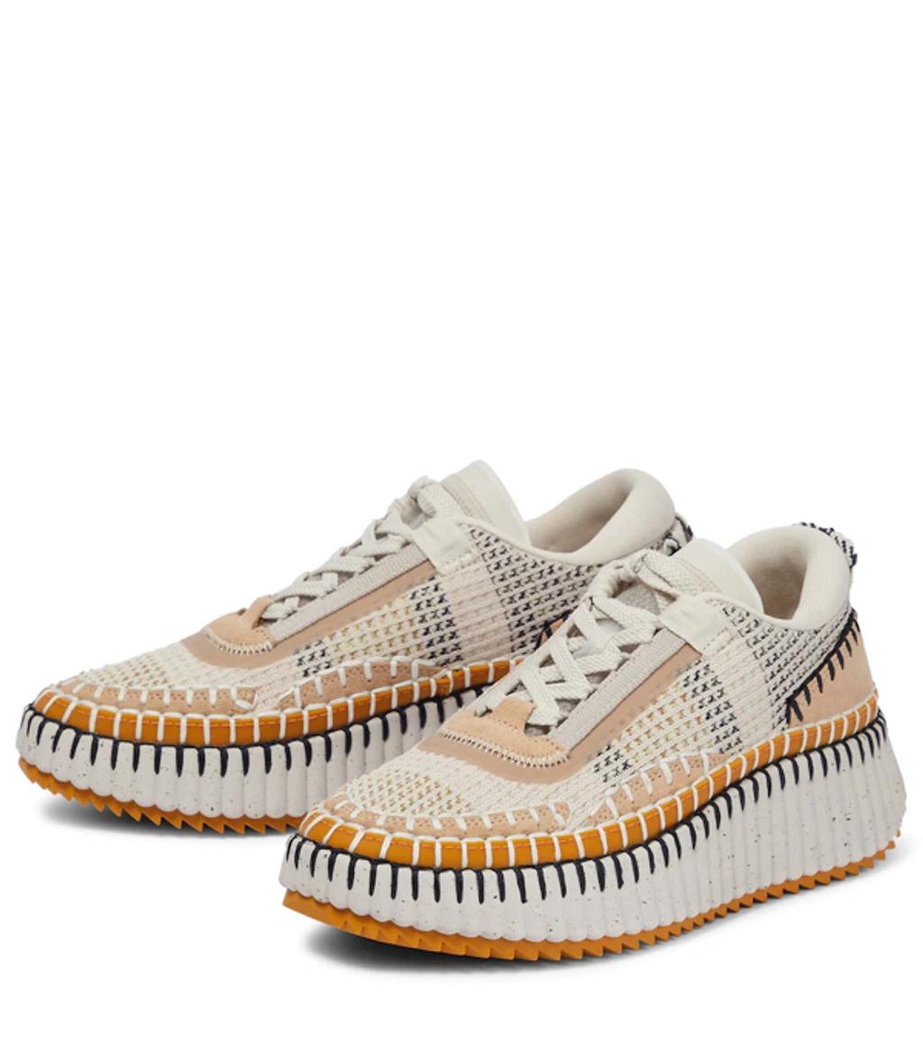 CHLOÉ Nama Embroidered Suede And Recycled-mesh Sneakers In Biscotti Beige Product Image