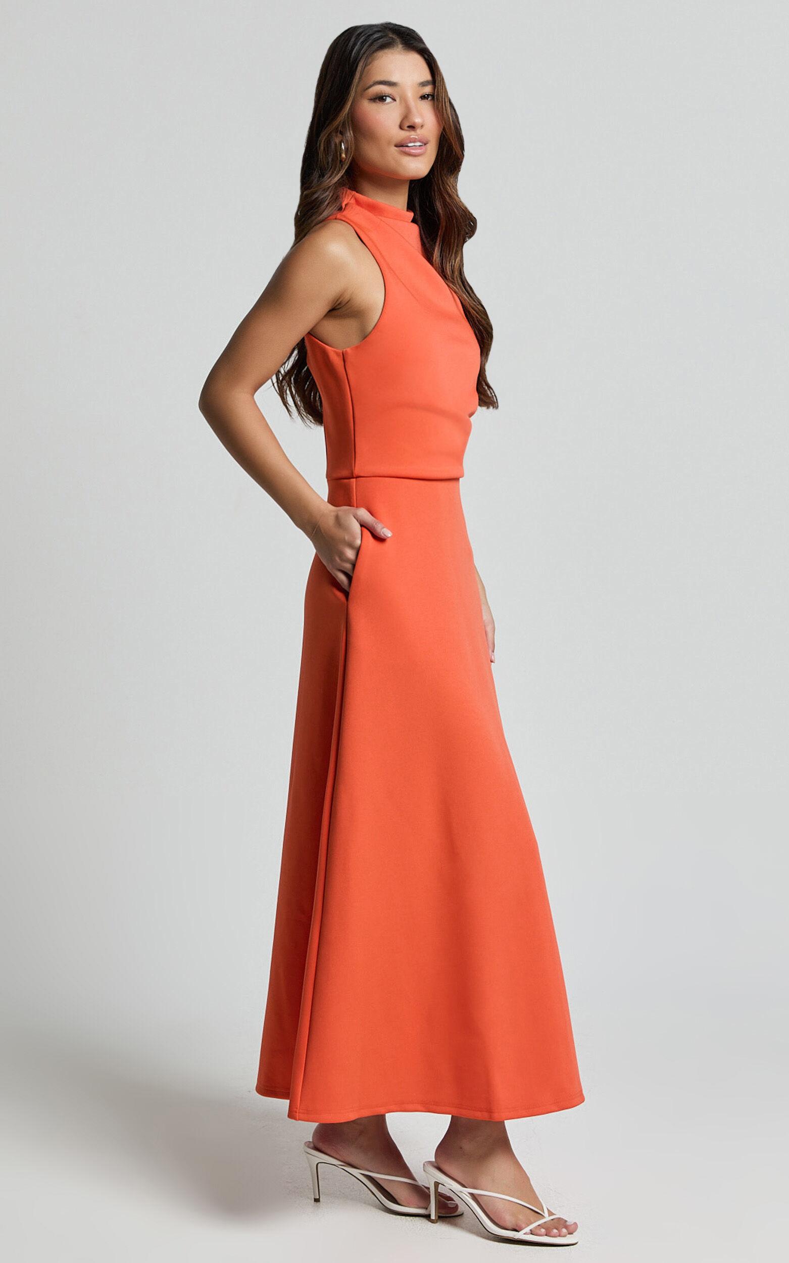Macy Midi Dress - High Neck A Line Dress in Orange Product Image