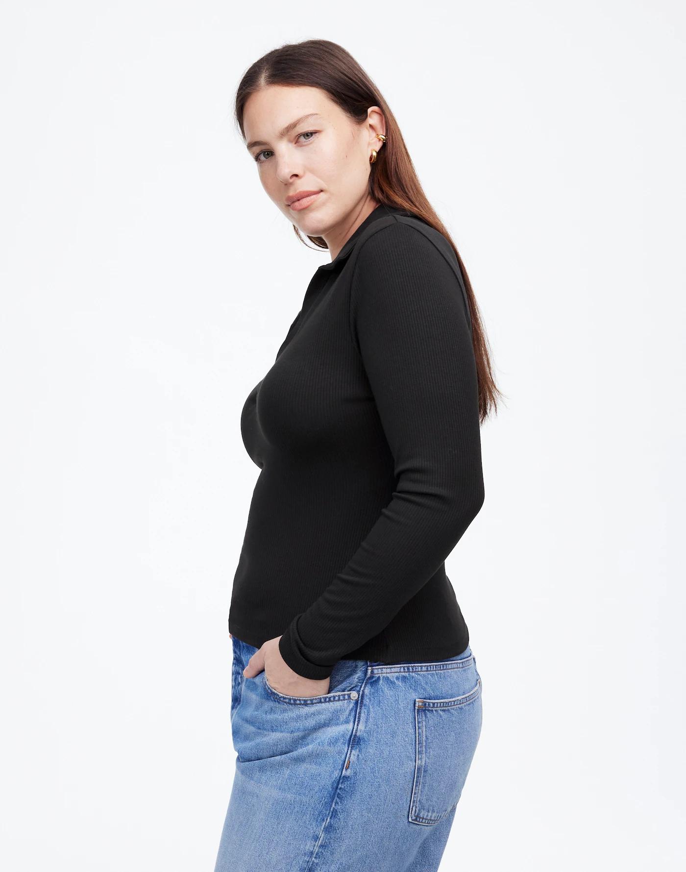 Drapey Rib Long-Sleeve Polo Top Product Image