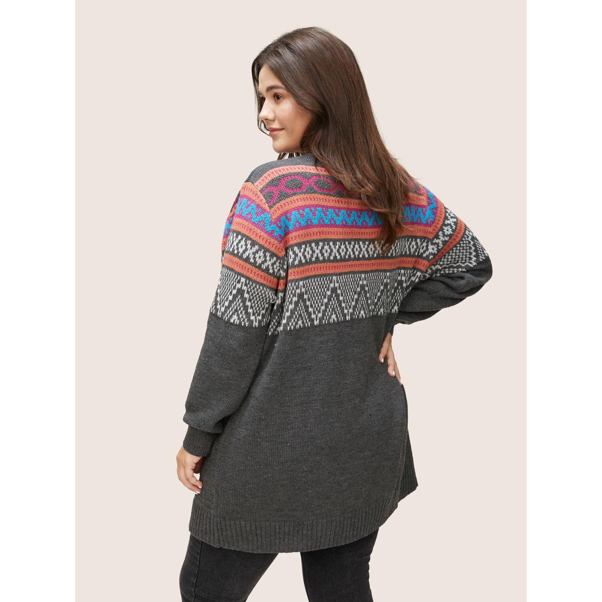 Plus Size Boho Contrast Jacquard Patched Pocket Cardigan Multicolor Women Casual Loose Long Sleeve Dailywear Cardigans BloomChic 12/L Product Image