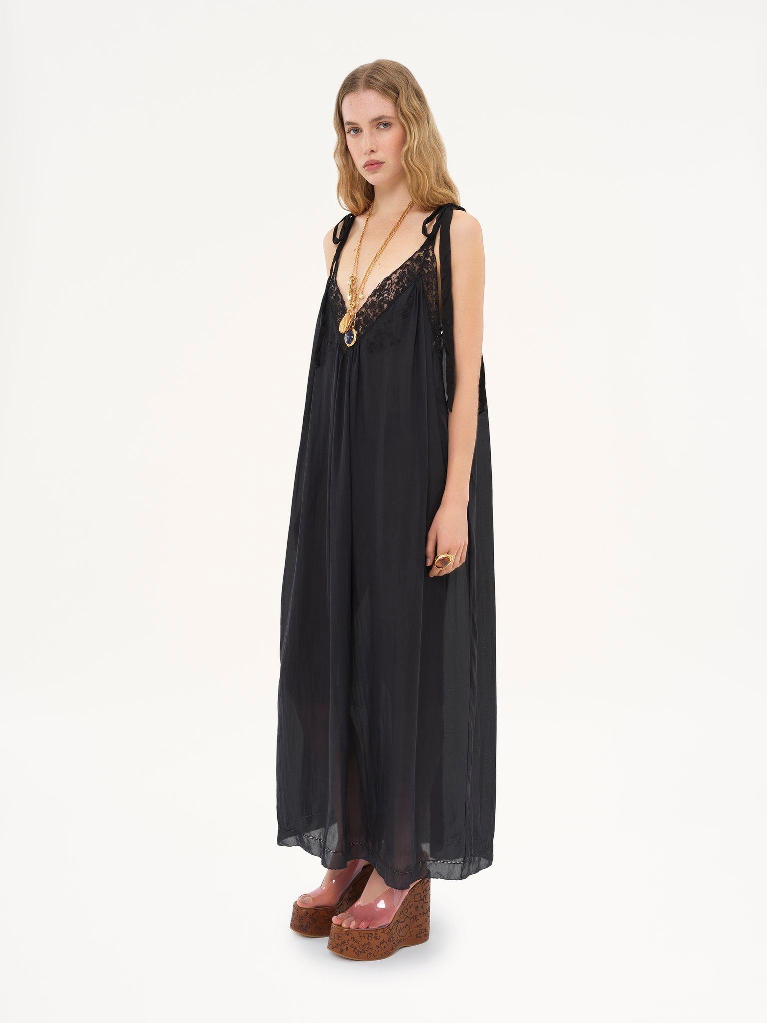 Long slip dress in silk charmeuse & lace Product Image