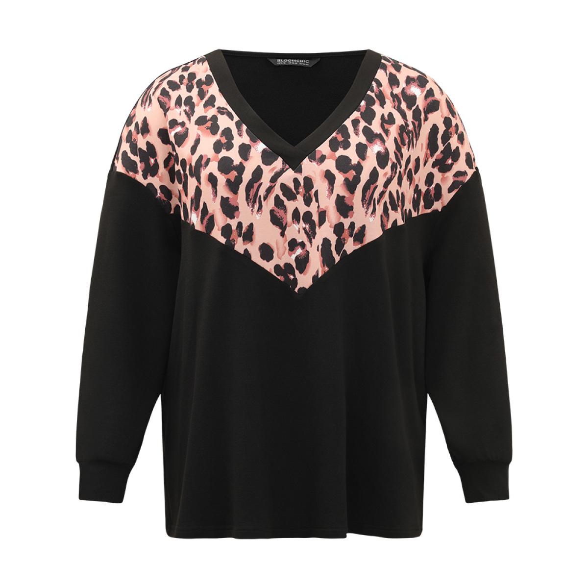 Plus Size Leopard Print Patchwork V Neck Contrast Trim Sweatshirt Women Black Casual Elastic cuffs V-neck Dailywear Sweatshirts BloomChic 28/5X Product Image