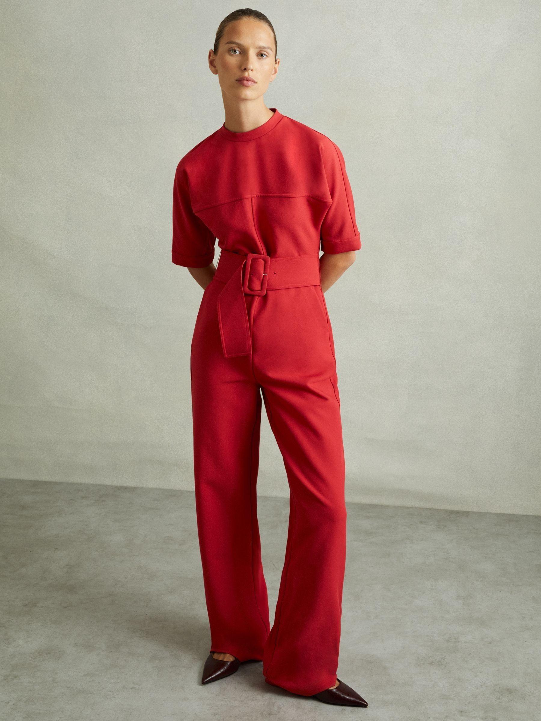 Wide Leg Belted Jumpsuit in Red Product Image