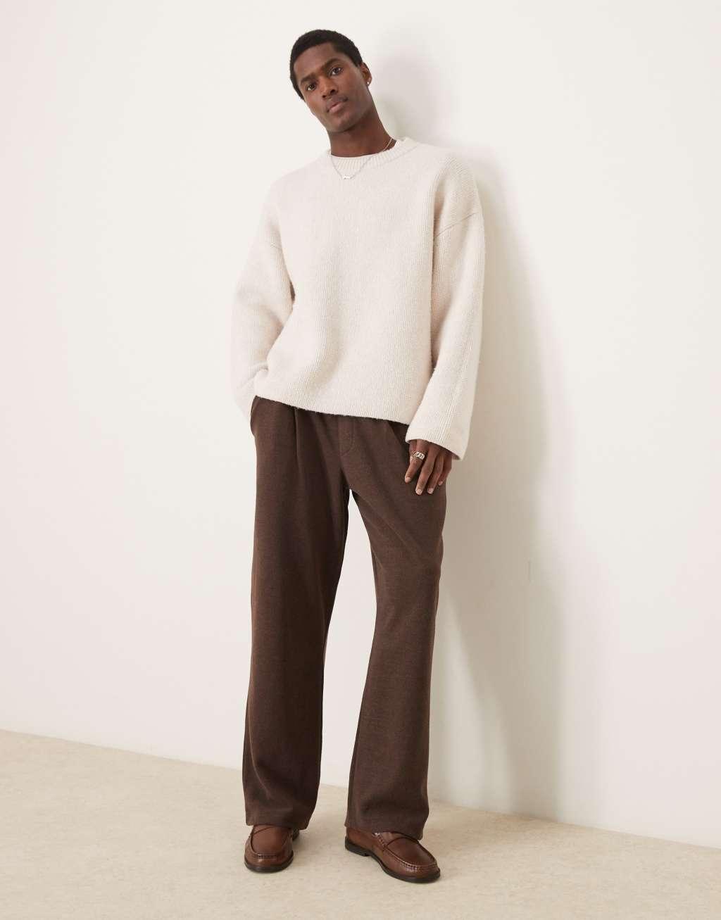 ASOS DESIGN baggy smart sweatpants with brushed rib texture in brown Product Image