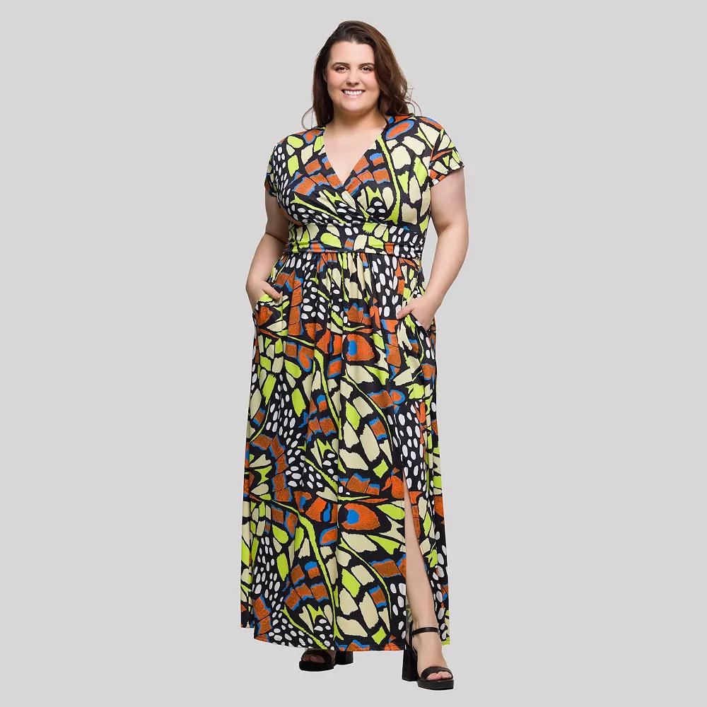 Plus Size 24Seven Comfort Apparel Butterfly Print Cap Sleeve V-Neck Maxi Dress, Women's, Size: 3XL, Orange Team Product Image