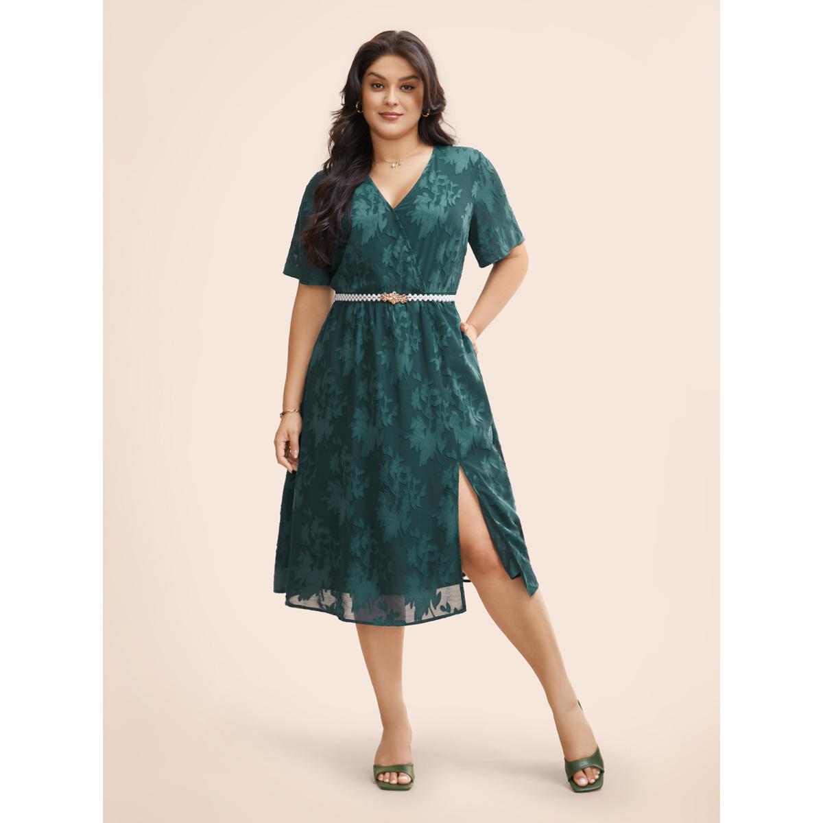 Plus Size Overlap Collar Jacquard Split Hem Dress Cyan Women Elegant Texture Overlap Collar Short sleeve Curvy BloomChic 22-24/3X Product Image
