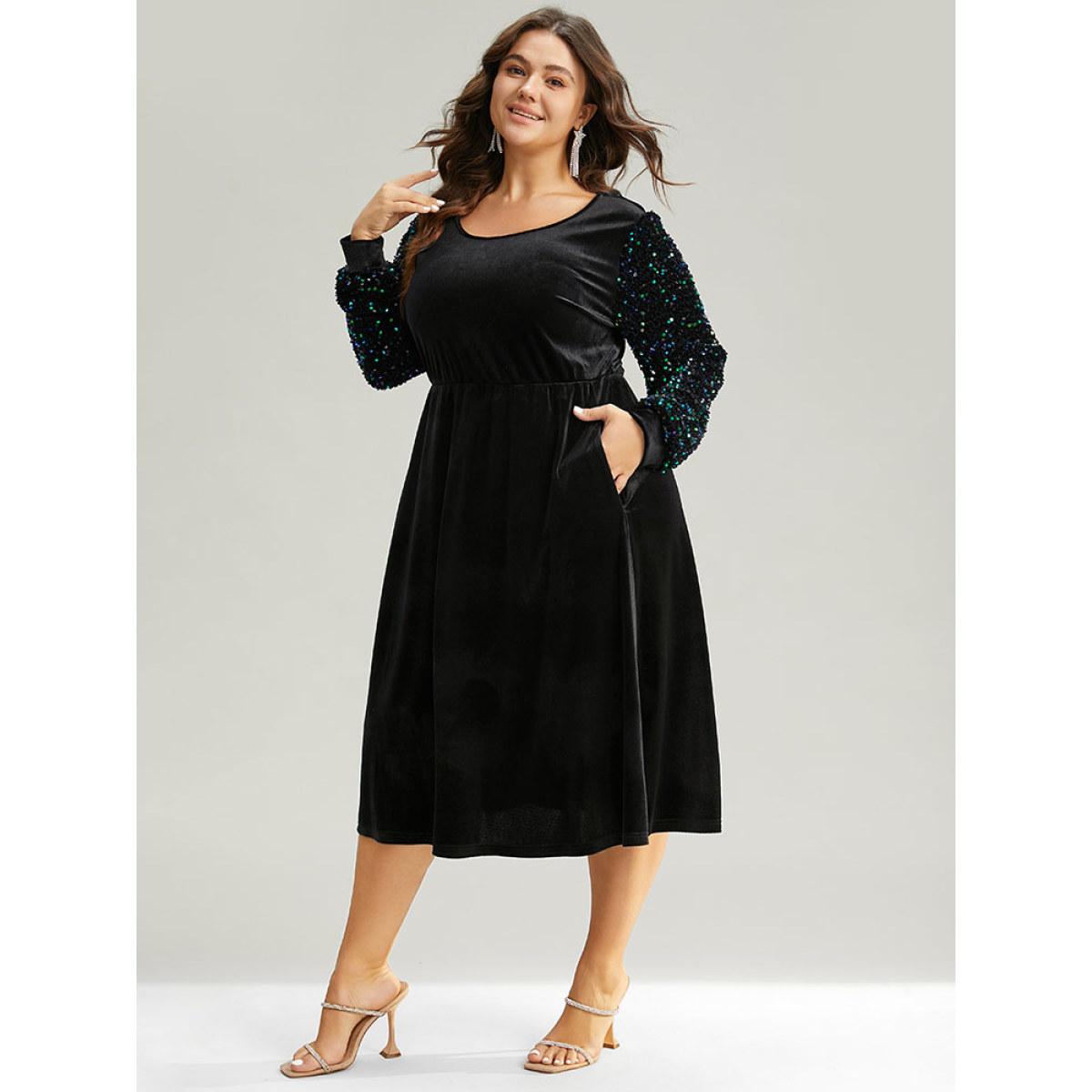 Plus Size Velvet Patchwork Sequin Elastic Waist Dress Black Women Party Velvet Scoop Neck Long Sleeve Curvy Midi Dress BloomChic 22-24/3X Product Image