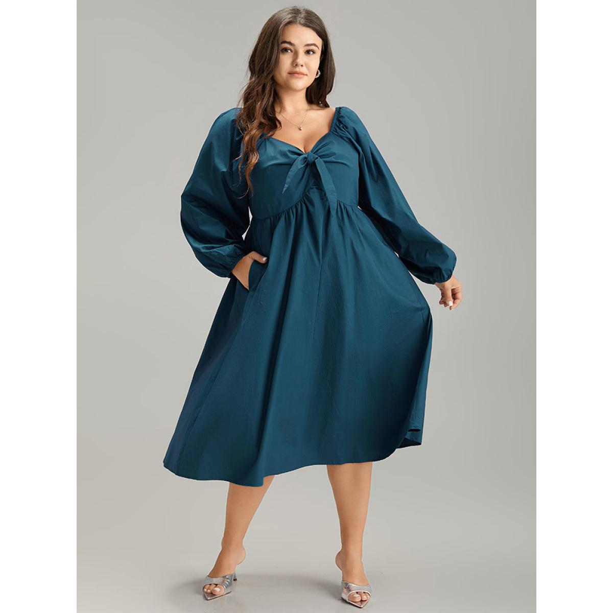 Plus Size Cotton Solid Bowknot Gathered Detail Dress Aegean Women Elegant Elastic cuffs Tie Neck Long Sleeve Curvy Midi Dress BloomChic 30/6X Product Image