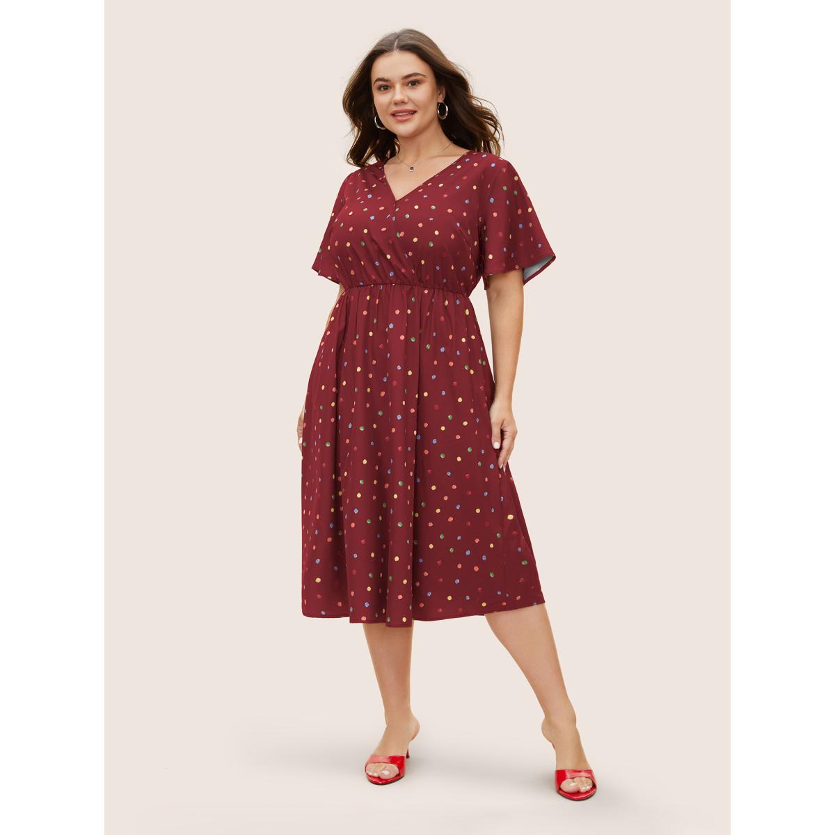 Plus Size Colored Polka Dot Overlap Collar Midi Dress DarkGreen Women Elegant Contrast Overlap Collar Short sleeve Curvy BloomChic 18-20/2X Product Image