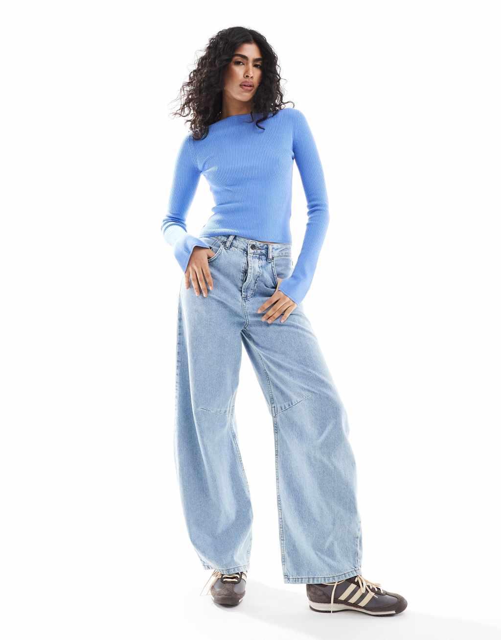 ASOS DESIGN knit top with boat neck in blue Product Image