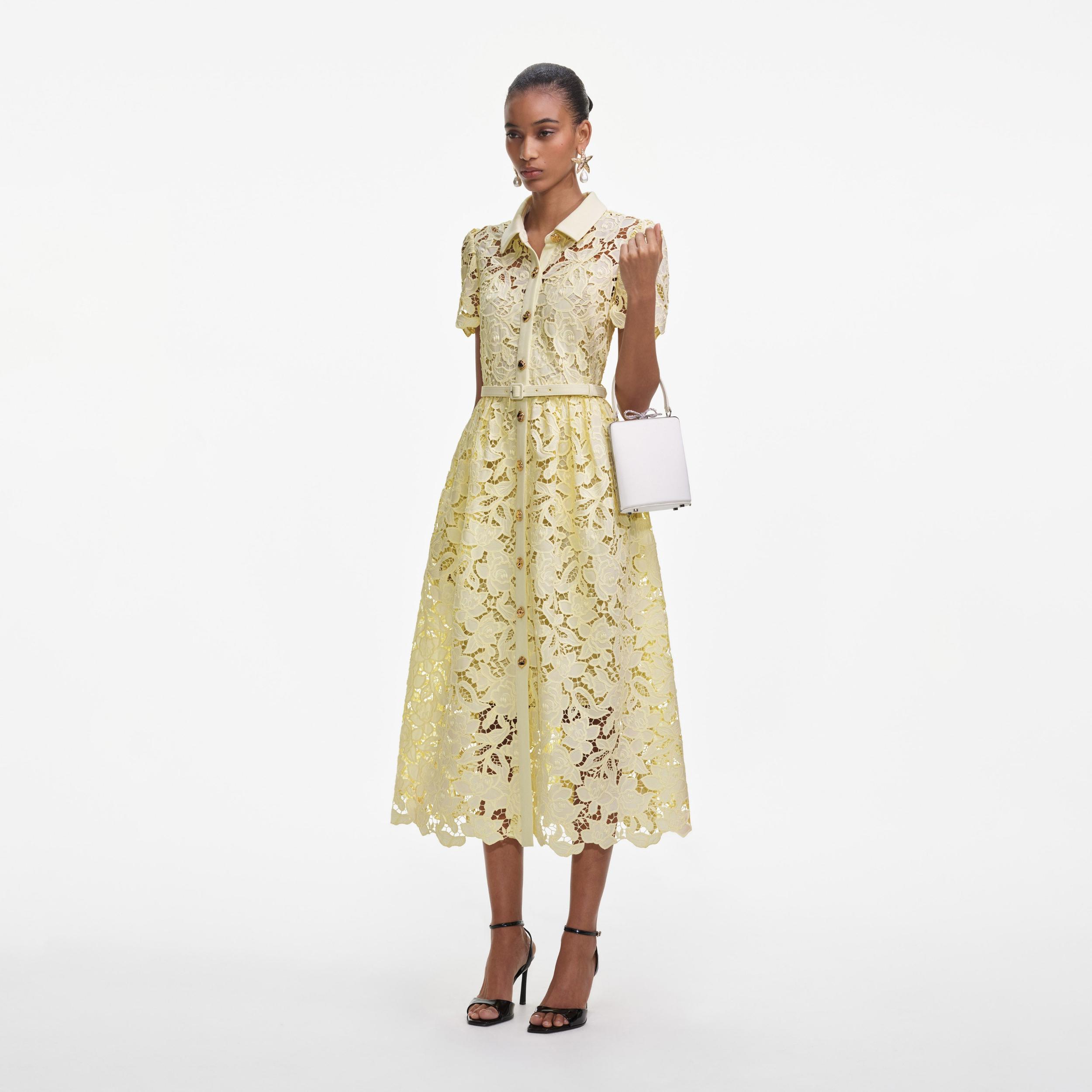 Yellow Lace Collared Midi Dress Product Image