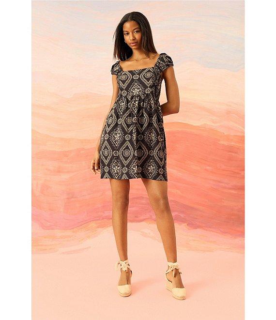 The Good Journey Square Neck Smocked Embroidered Mini Sheath Dress Product Image