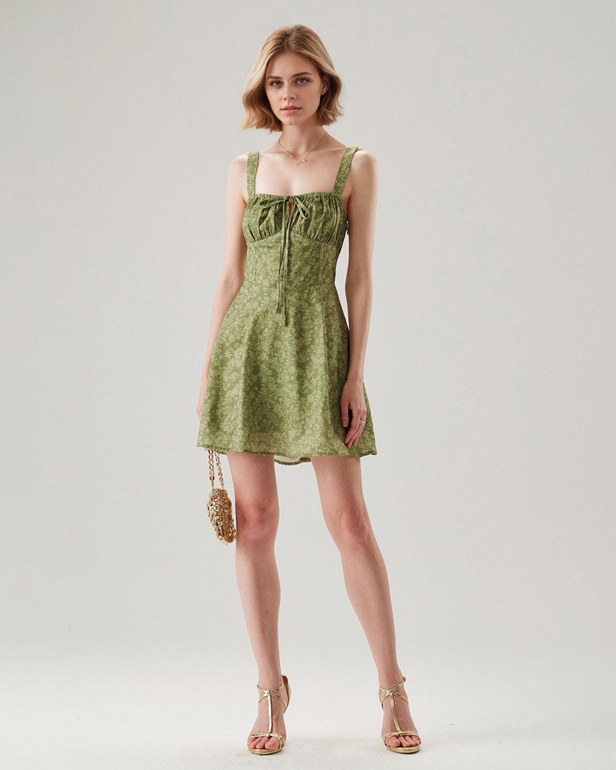 Green Floral Ruched Slip Mini Dress Product Image