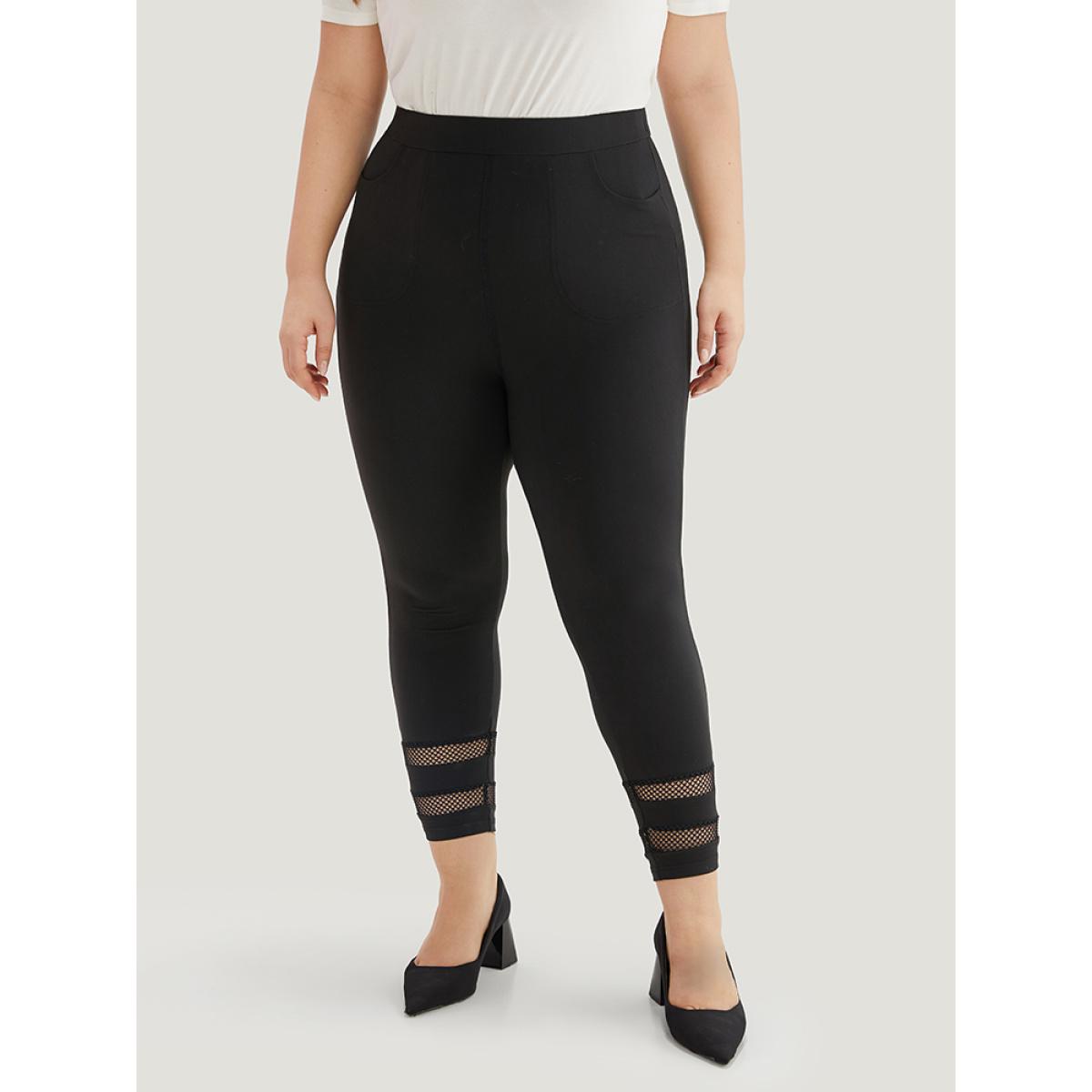 Plus Size Plain Lace Patchwork Cut Out Legging Women Black Casual High stretch Skinny High Rise Dailywear Leggings BloomChic 30/6X Product Image