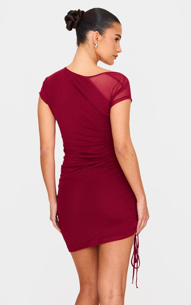  Burgundy Double Layered Mesh Ruched Mini Dress Product Image