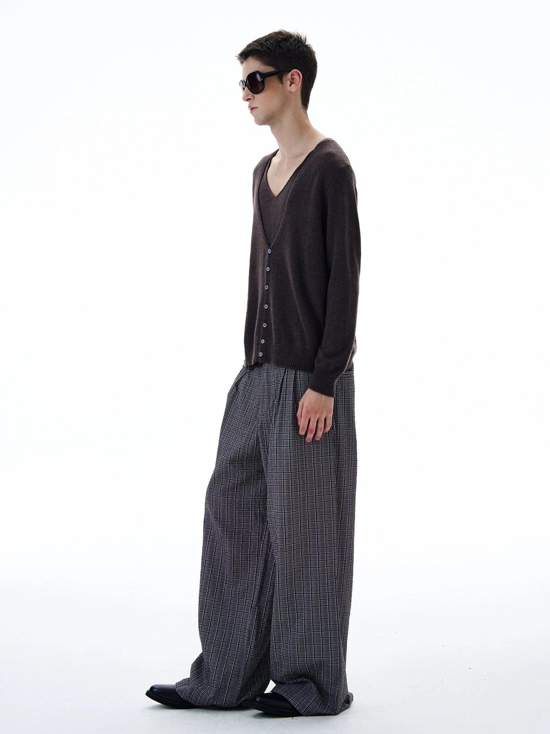 RT No. 20031 PLEATED GRAY PLAID BAGGY STRAIGHT PANTS Product Image
