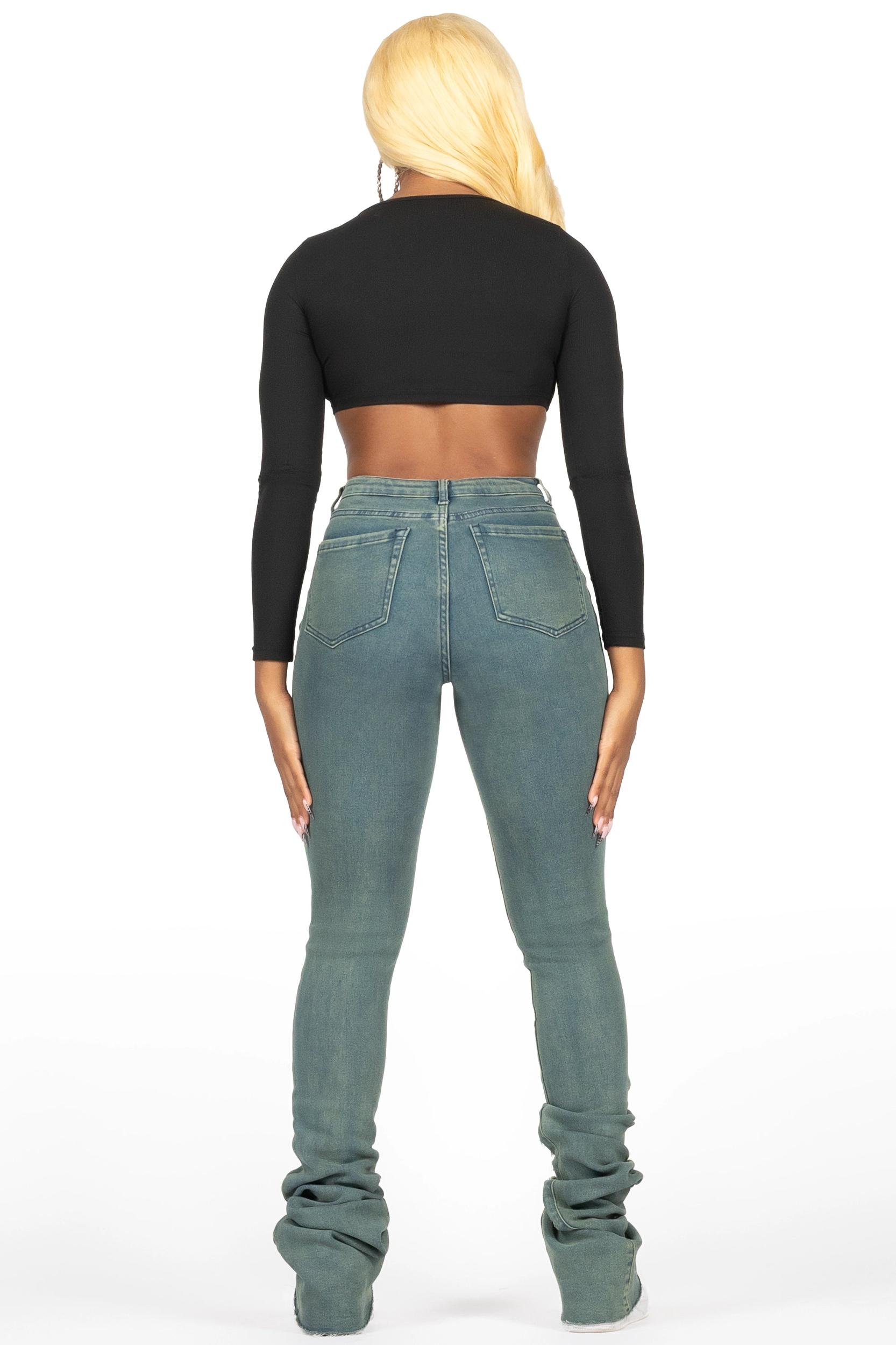 Got A Crush Tinted Dark Wash Distressed Super Stacked Jean Female Product Image