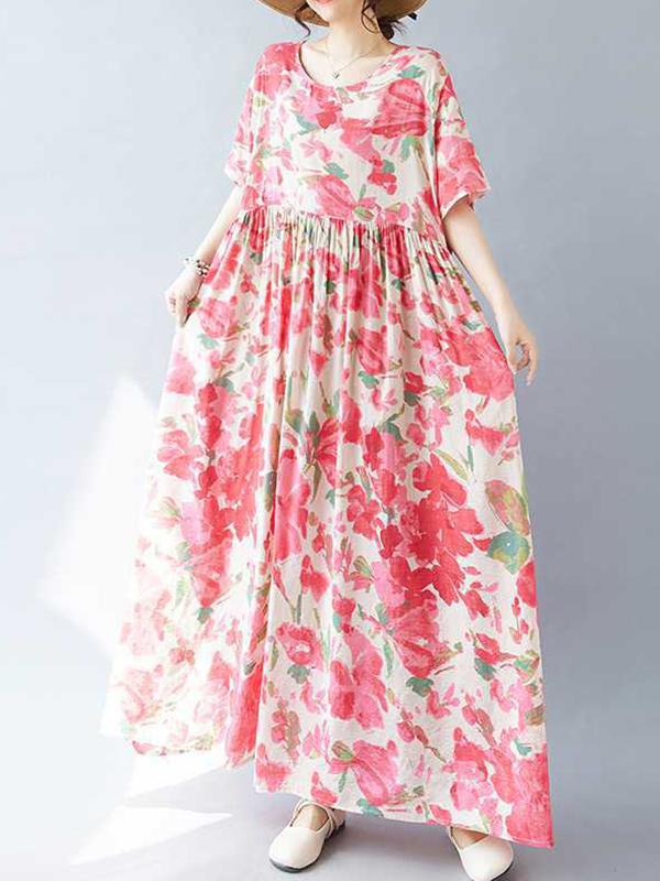 A-line Batwing Sleeves Flower Print Pleated Split-Joint Round-neck Midi Dresses Product Image