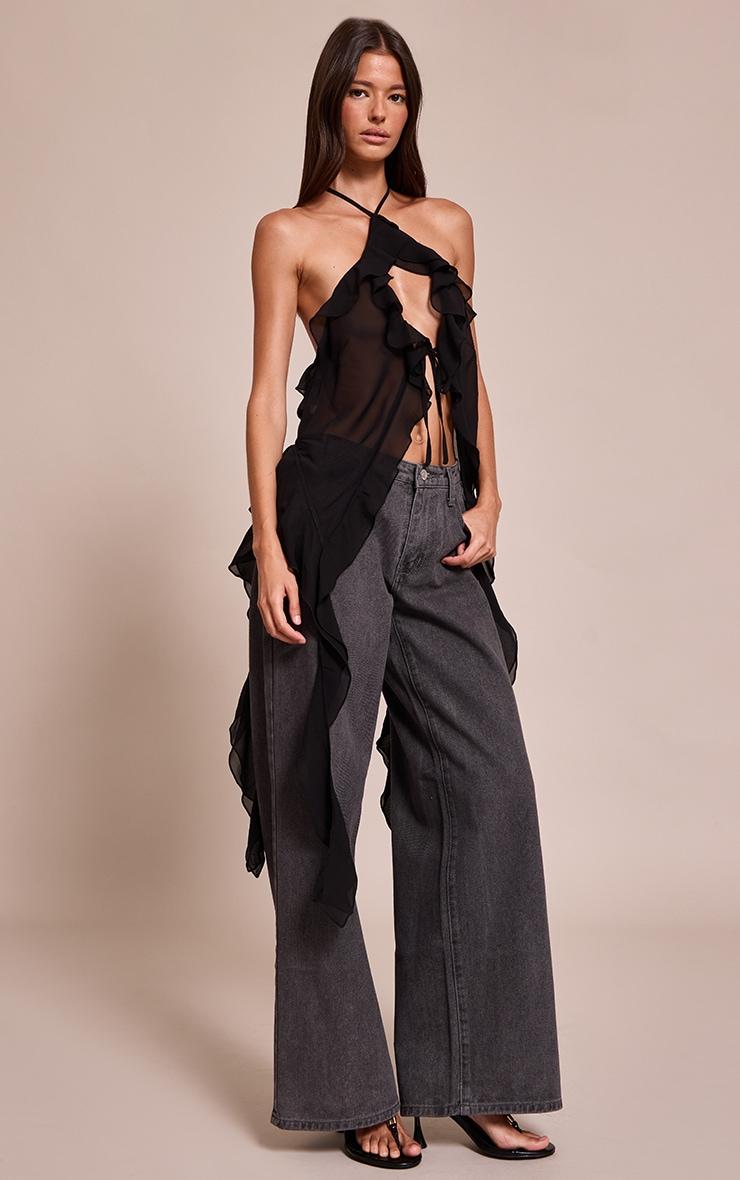 Black Chiffon Ruffle Drape Detail Longline Top Product Image