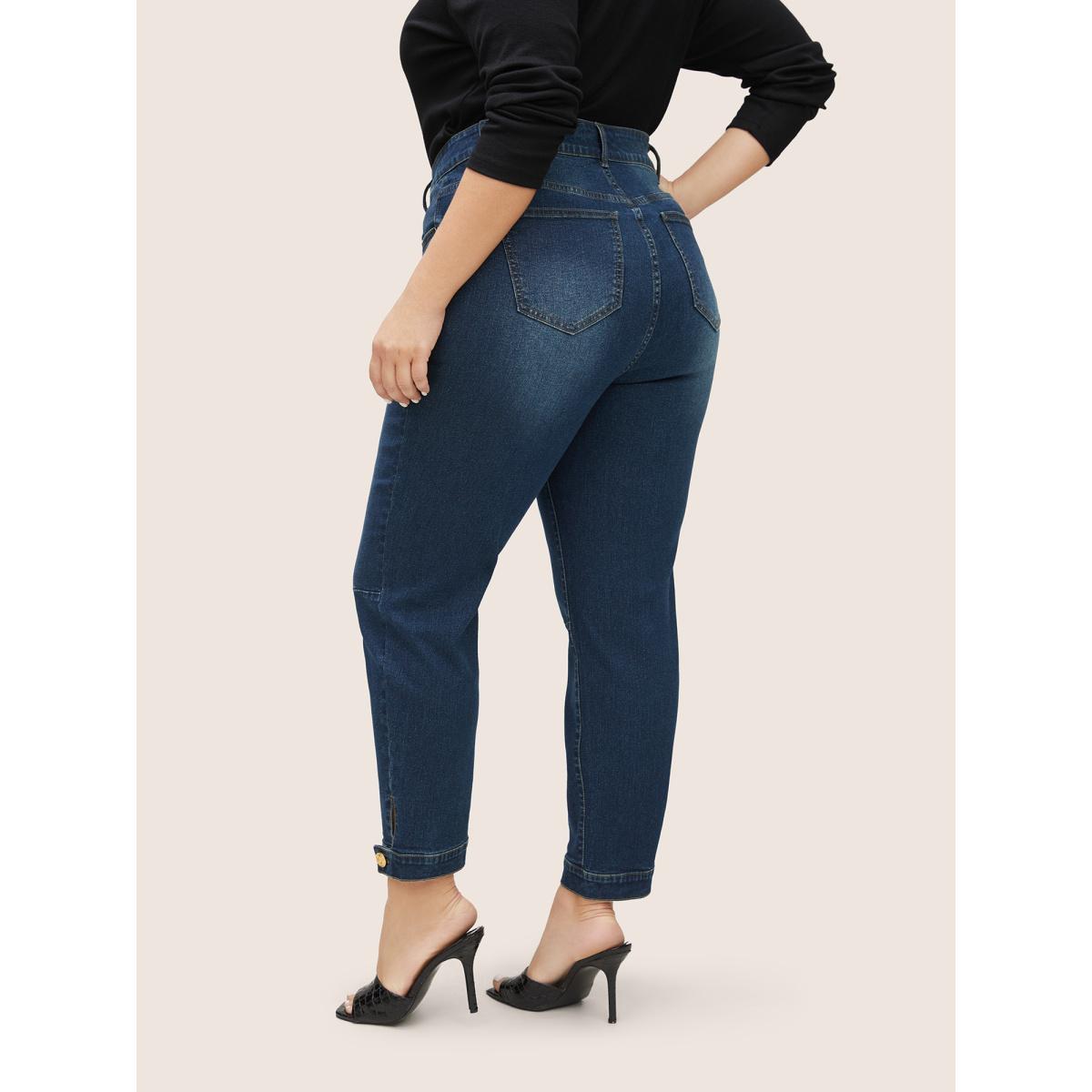 Plus Size Dark Wash Button Detail Split Hem Tapered Jeans Women Blue Casual Plain Non High stretch Slanted pocket Jeans BloomChic 14/1X Product Image