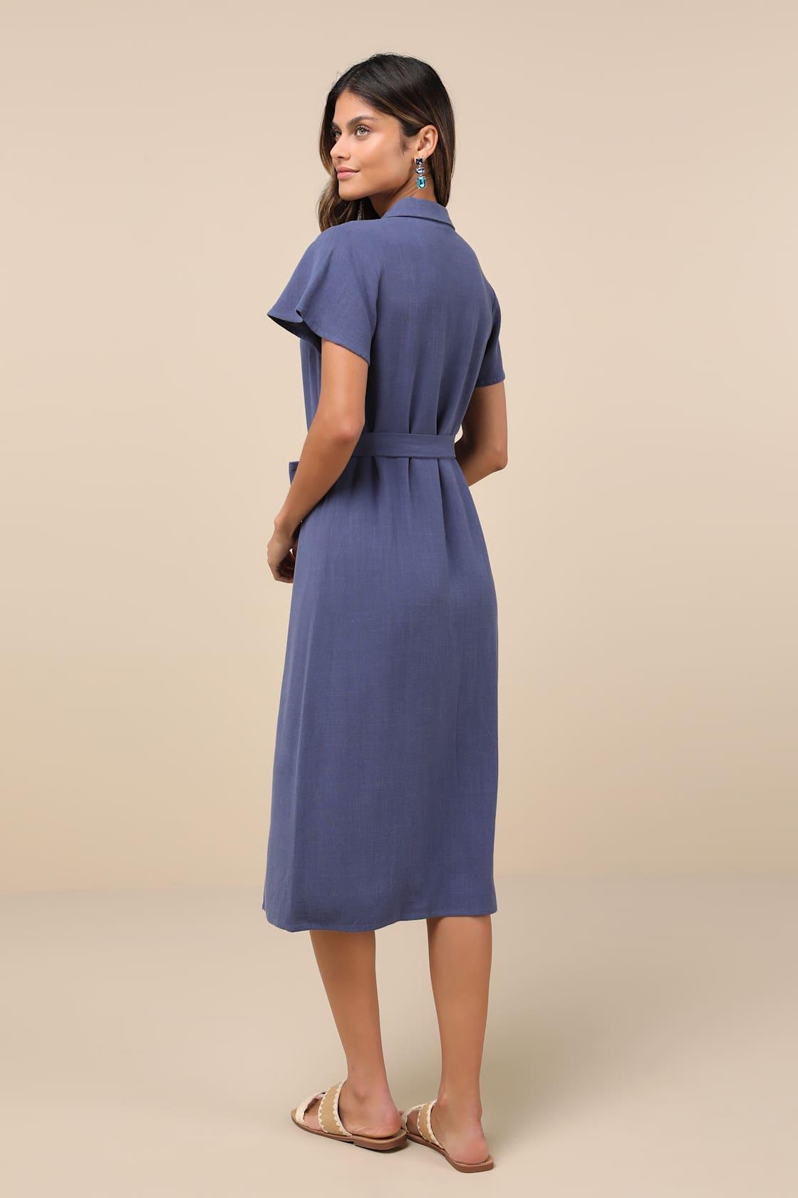 Italian Summer Dark Blue Linen Button-Up Short Sleeve Midi Dress Product Image