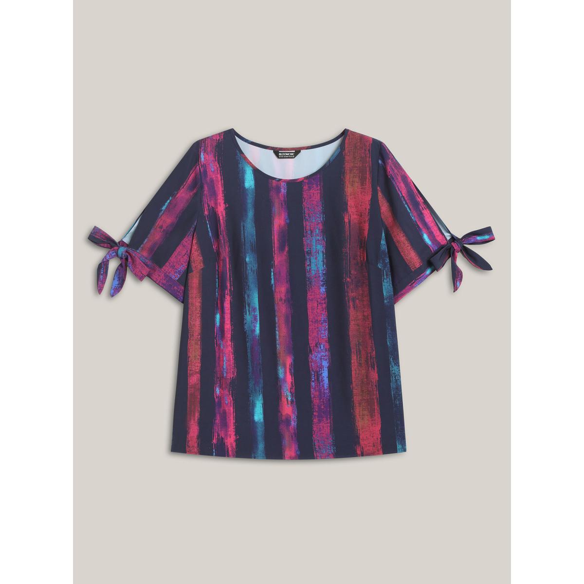 Plus Size Multicolor Irregular Stripes Sleeve Tie Blouse Women Leisure Short sleeve Round Neck Casual Blouses BloomChic 12/L Product Image