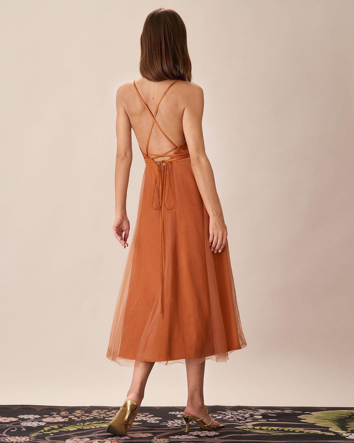 Caramel Mesh Flowy Slip Midi Dress Product Image