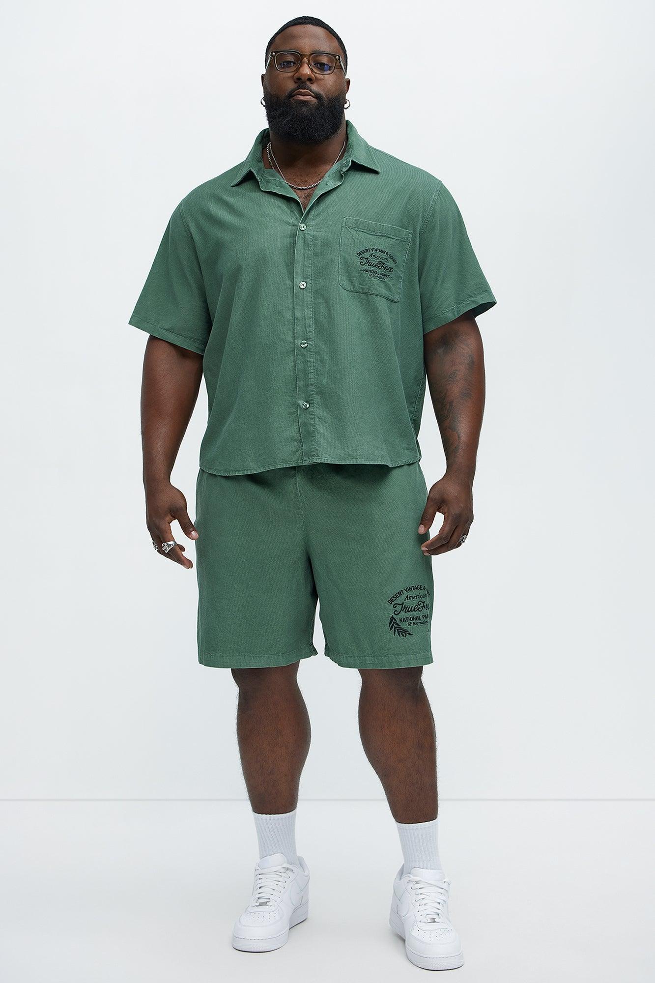 Retro Embroidered Corduroy Short Sleeve Shirt - Green Product Image