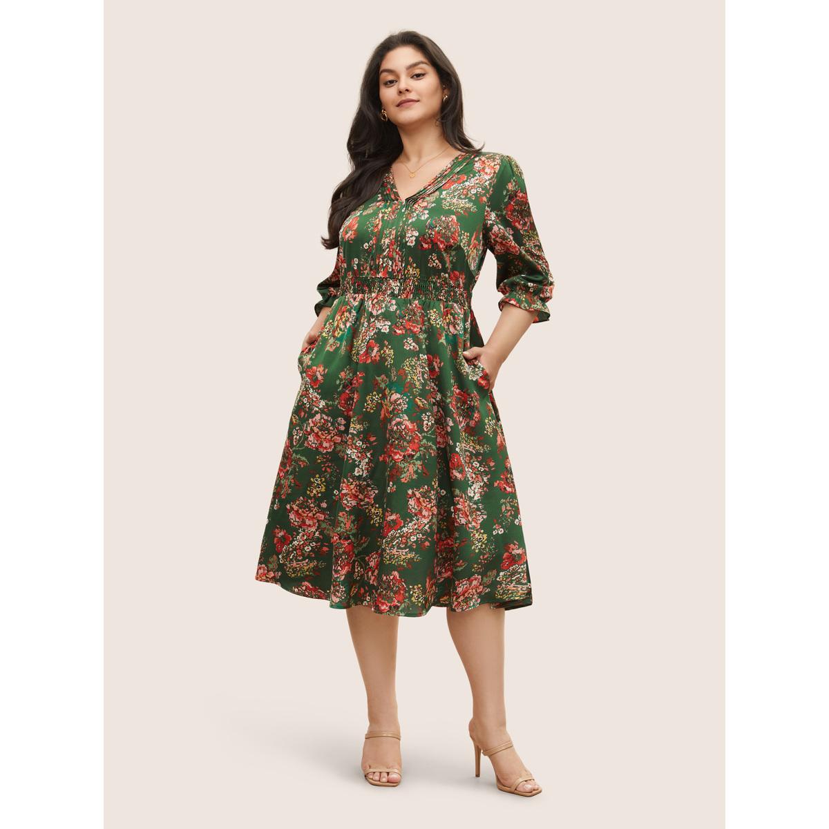 Plus Size Floral Print Flutter Sleeve Shirred Pleated Dress DarkGreen Women Elegant Non V-neck Elbow-length sleeve Curvy Midi Dress BloomChic 22-24/3X Product Image