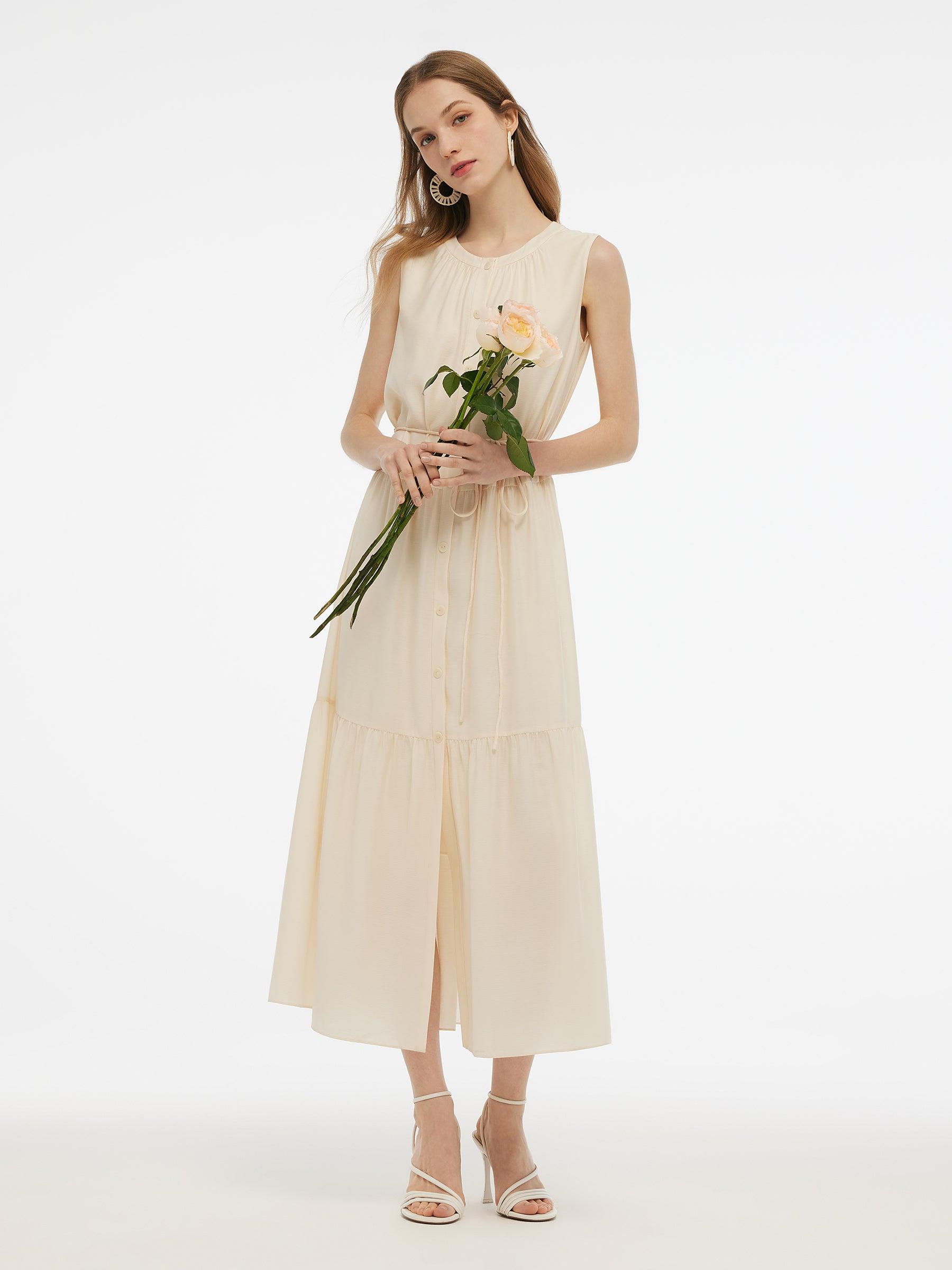 Acetate Blend Loose Fit Women A-Line Maxi Vest Dress With Belt Product Image