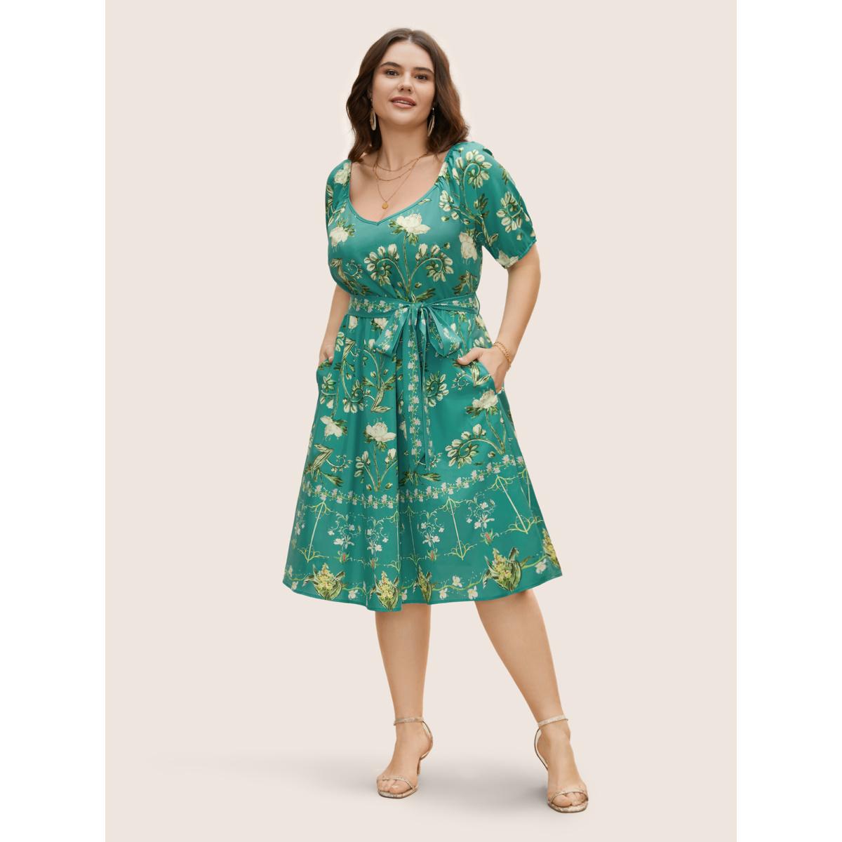 Plus Size Heart Neckline Boho Print Raglan Sleeve Dress Emerald Women Elegant Gathered Heart neckline Short sleeve Curvy BloomChic 12/L Product Image