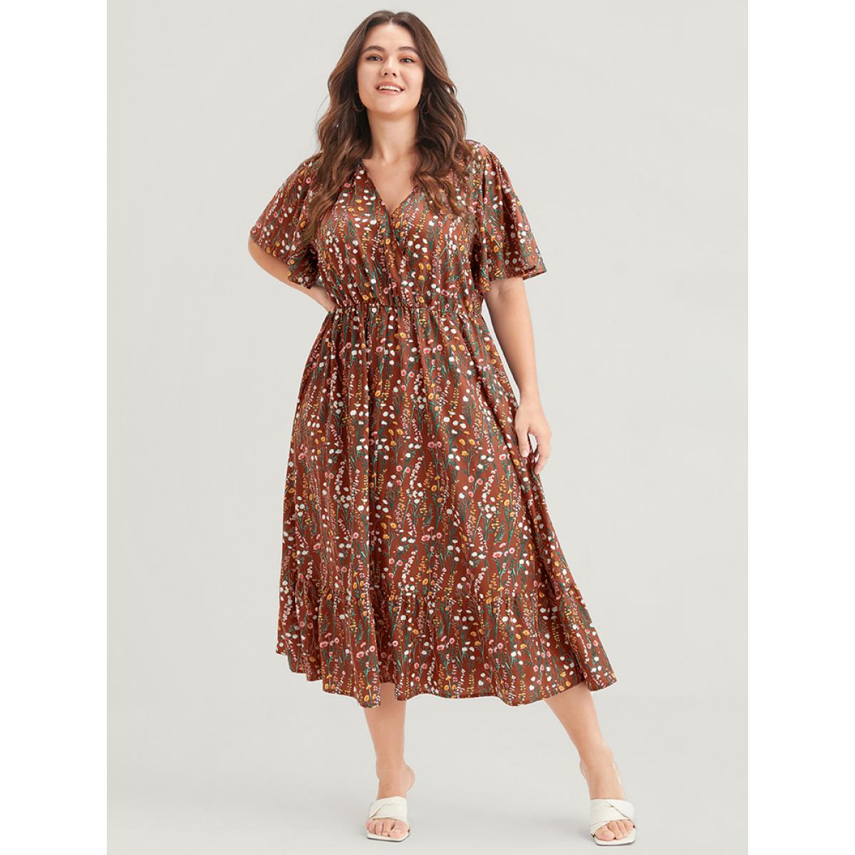 Plus Size Ditsy Floral Elastic Waist Button Ruffle Pocket Wrap Midi Dress Chocolate Women Elegant Pocket V-neck Short sleeve Curvy Long Dress BloomChic 10/M Product Image