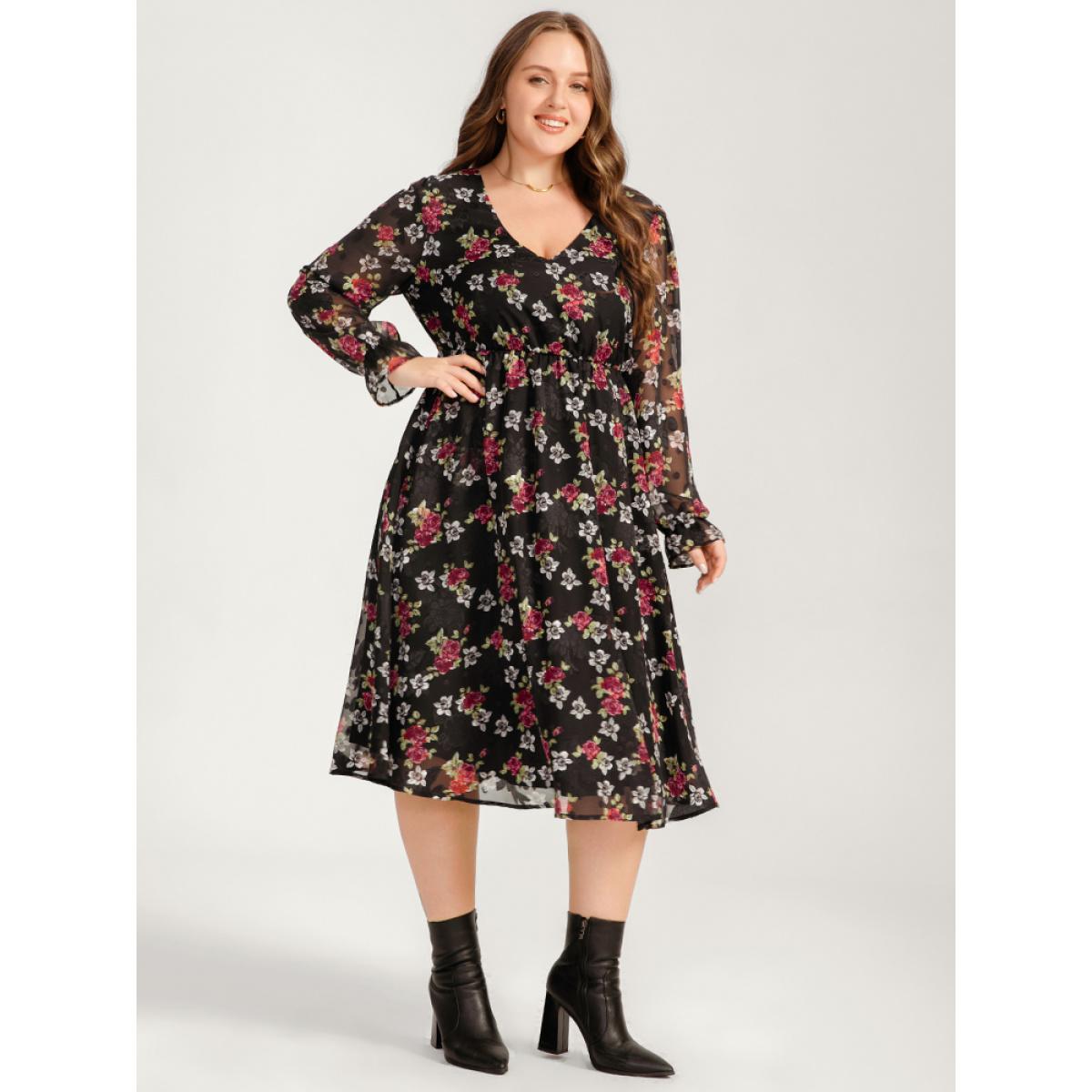 Plus Size Floral Mesh Lantern Sleeve Pocket Flutter Dress Black Women Dating V-neck Long Sleeve Curvy Midi Dress BloomChic 18-20/2X Product Image