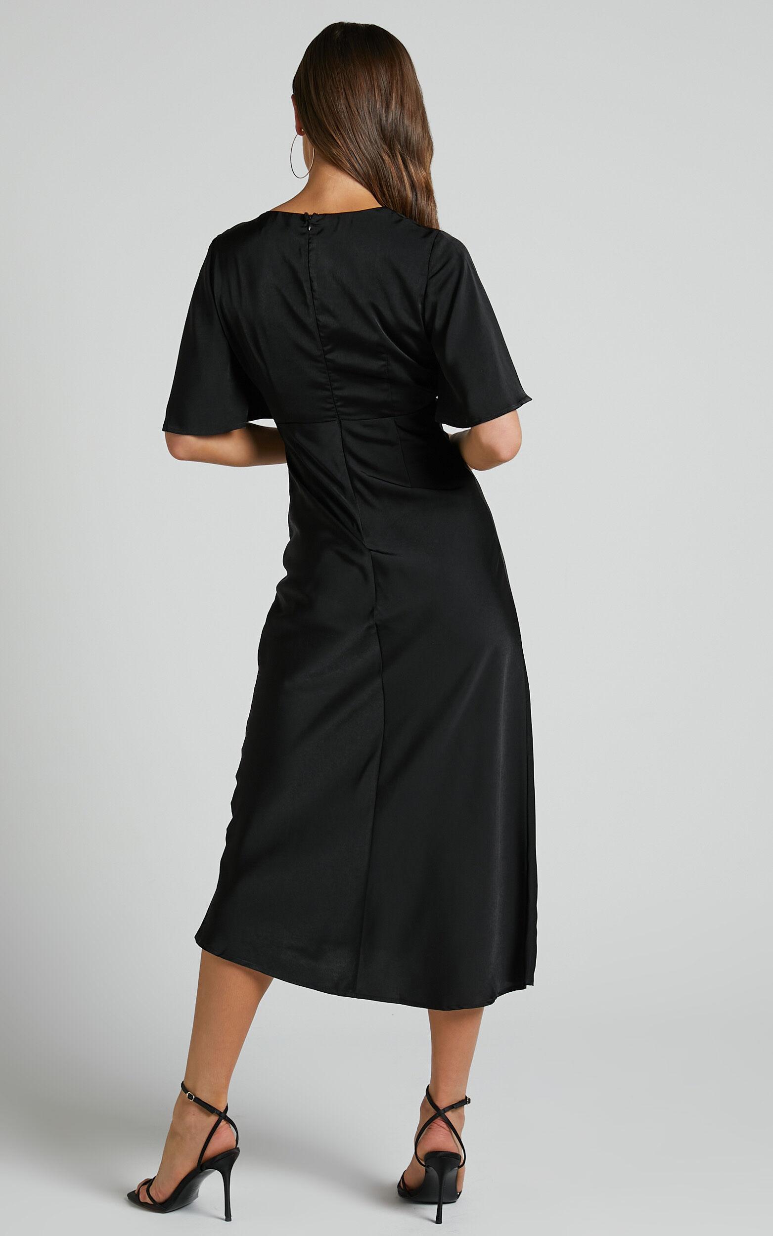 Nicholla Midi Dress - Ruched Front Angel Sleeve Slip Dress in Black Product Image