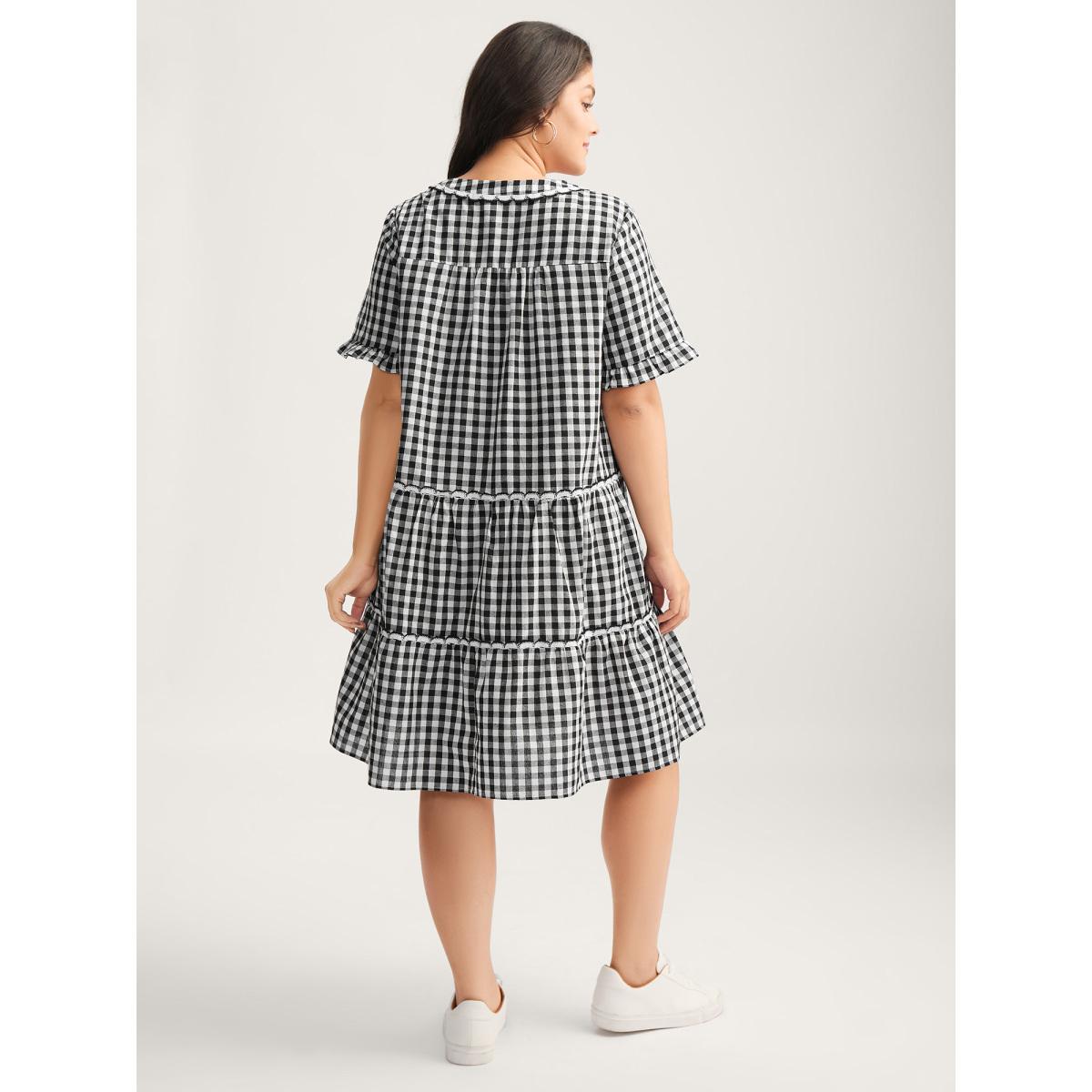 Plus Size Checkered Lace Trim Tiered Midi Dress Black Women Woven ribbon&lace trim Flat collar with V-notch Short sleeve Curvy BloomChic 18-20/2X Product Image