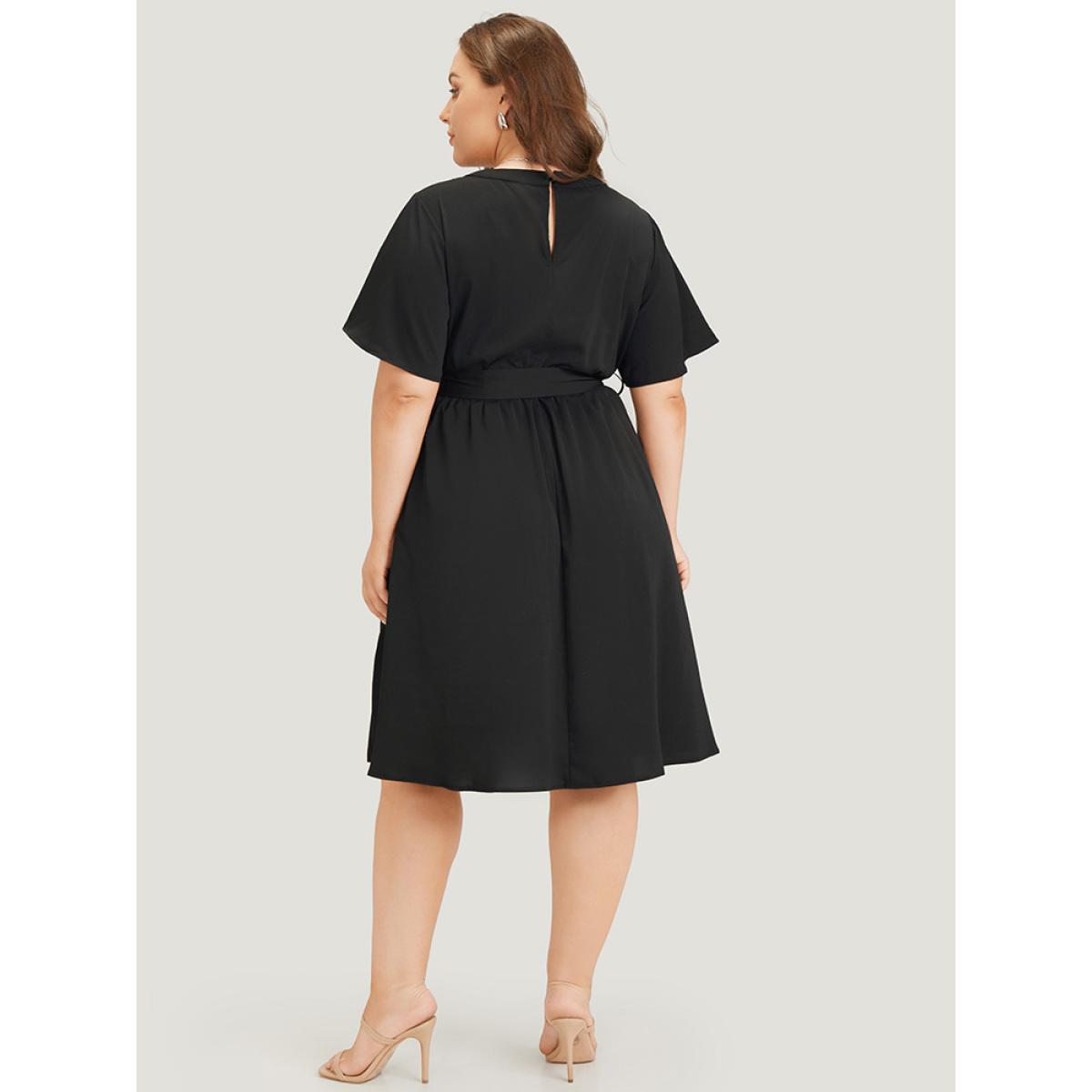 Plus Size Anti-Wrinkle Solid Flutter Belted Pocket Mesh Cut Out Dress Black Women Office See through Round Neck Short sleeve Curvy Midi Dress BloomChic 12/L Product Image