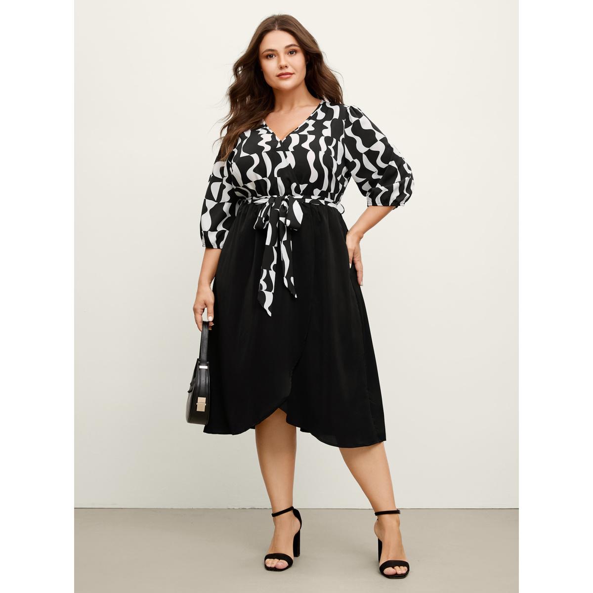 Plus Size Retro Wavy Print Stretchy Waist Midi Dress Black Women Office Overlap Collar Elbow-length sleeve Curvy BloomChic 12/L Product Image