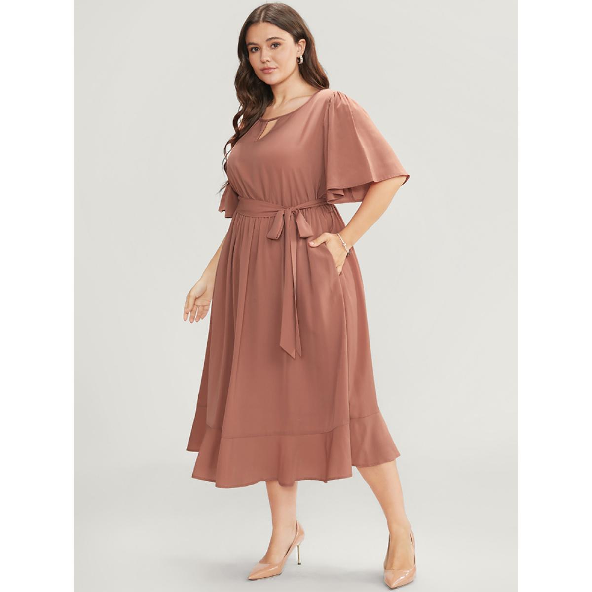 Plus Size Solid Keyhole Round Neck Pocket Belted Flutter Dress Salmon Women Office Belted Round Neck Half Sleeve Curvy Midi Dress BloomChic 30/6X Product Image