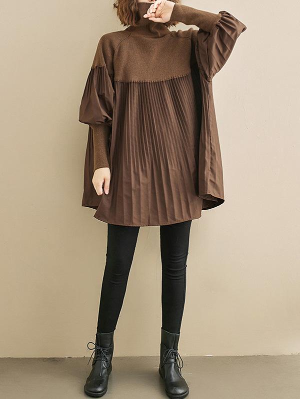 Knitting Pleats Split-Joint High-Neck Pullover Top Product Image