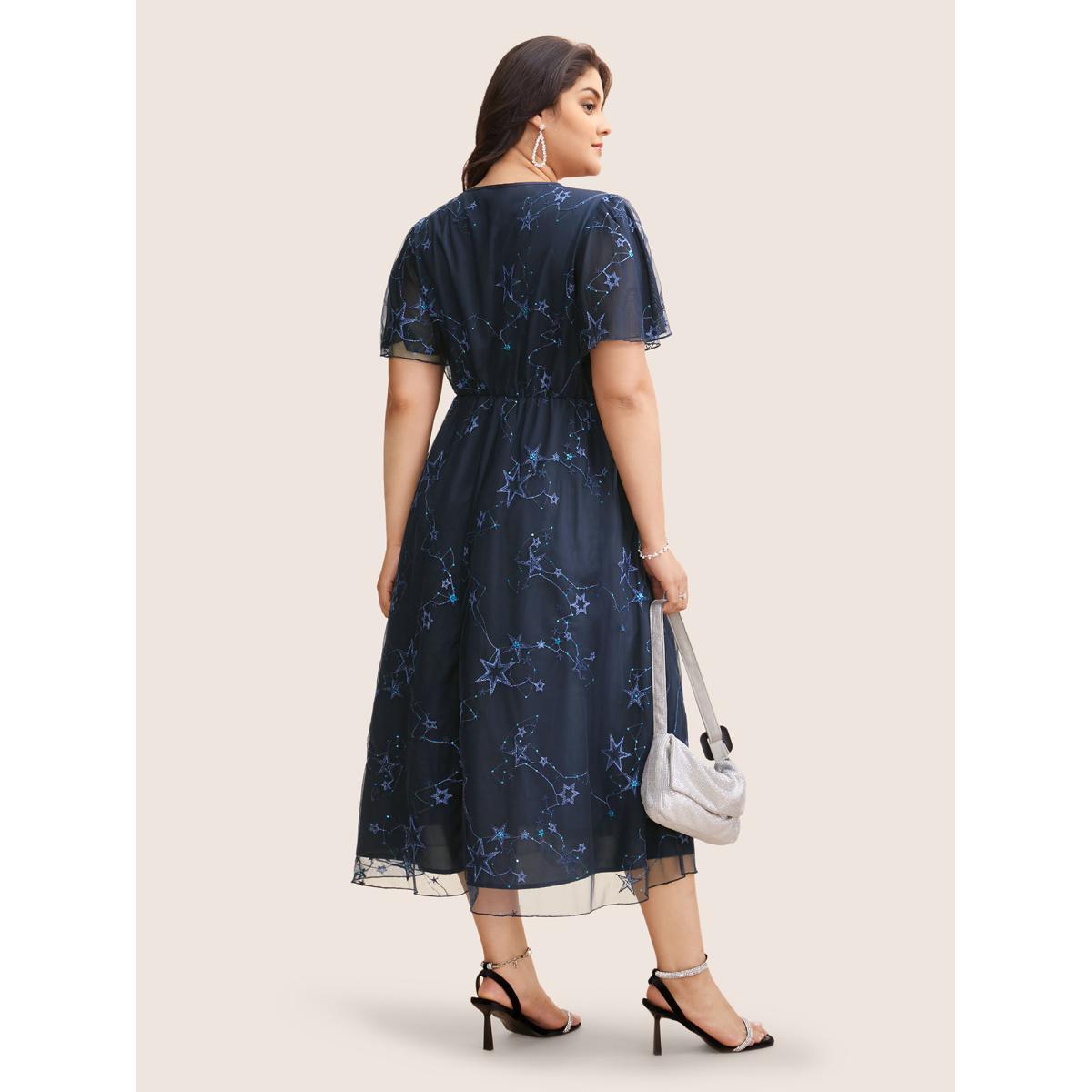 Plus Size Star Embroidered Mesh Split Hem Dress DarkBlue Women Formal See through Overlap Collar Short sleeve Curvy BloomChic 14-16/1X Product Image