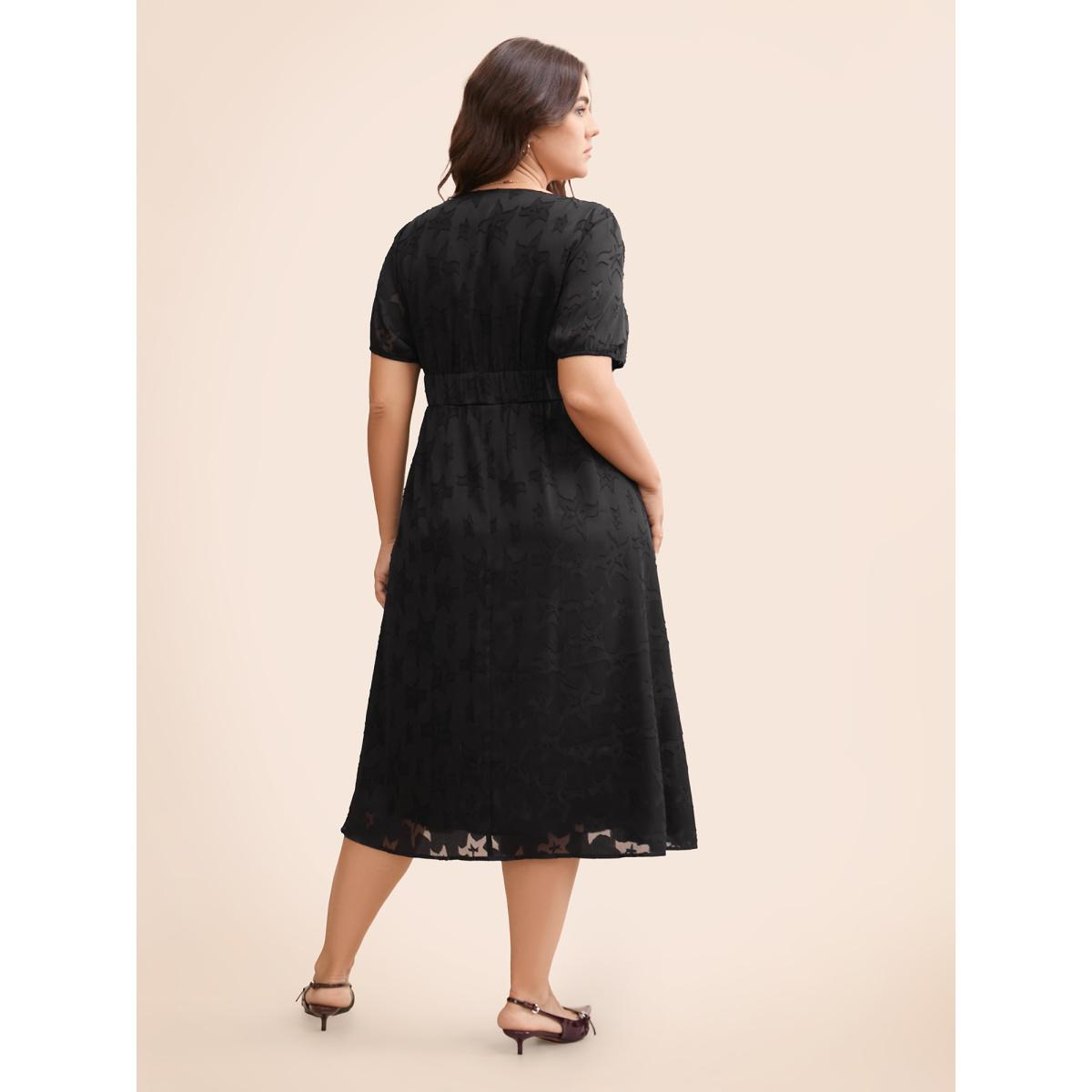 Plus Size Star Textured Lantern Sleeve Midi Dress Black Women Elegant Texture V-neck Short sleeve Curvy BloomChic 30/6X Product Image