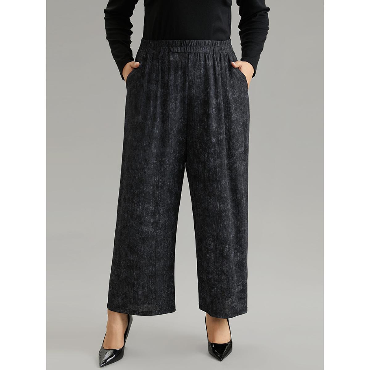 Plus Size Vintage Heather Elastic Waist Wide Leg Pants Women Black Casual Wide Leg High Rise Dailywear Pants BloomChic 10/M Product Image