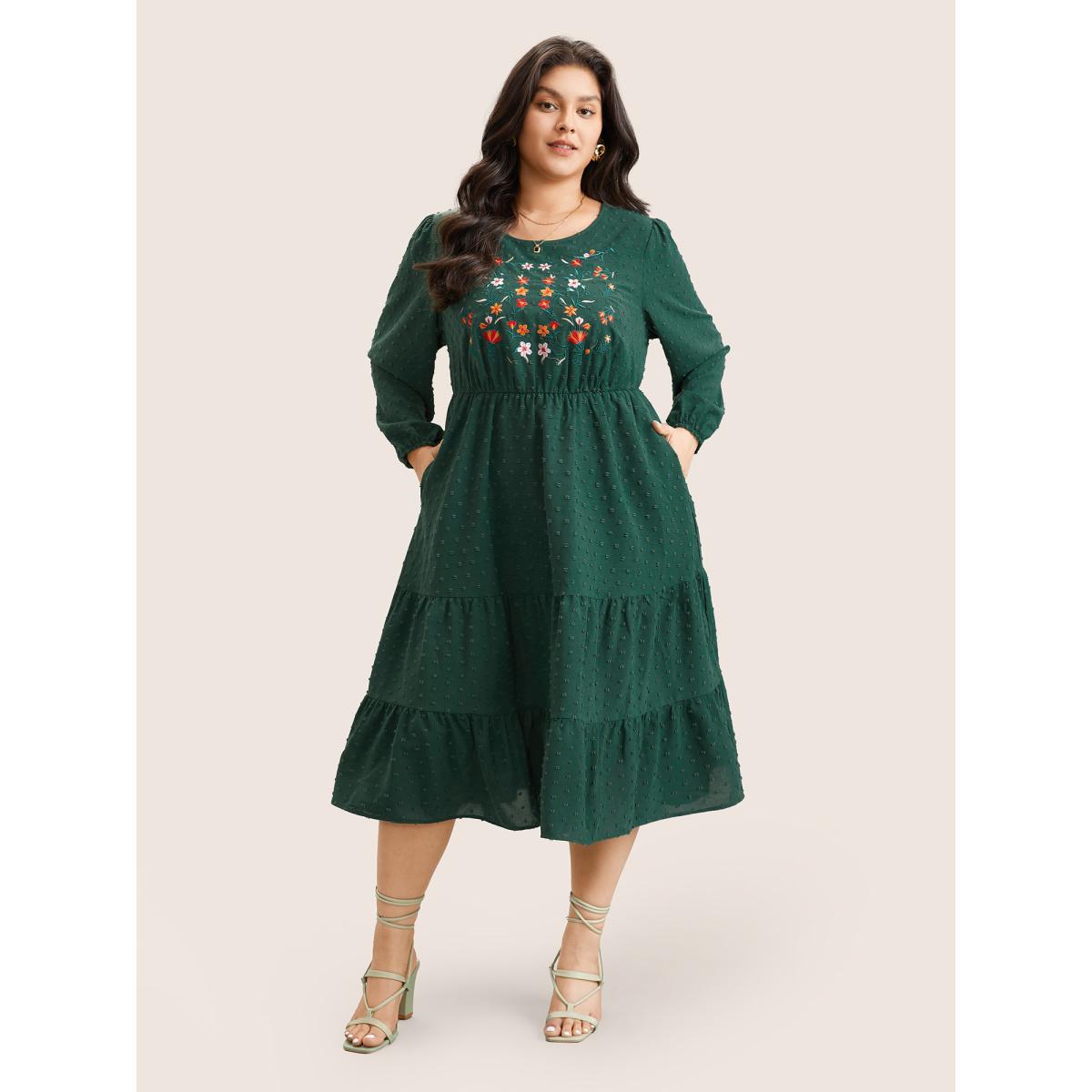 Plus Size Floral Embroidered Textured Ruffle Layered Hem Dress Emerald Women Vacation Elastic cuffs Round Neck Long Sleeve Curvy Midi Dress BloomChic 14-16/1X Product Image