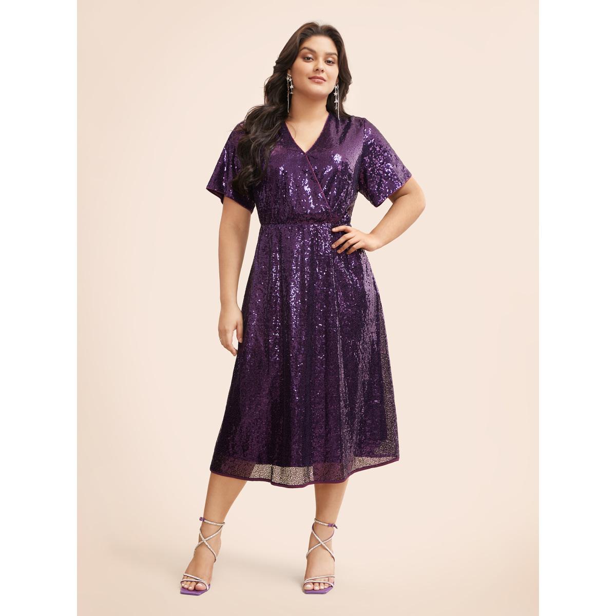 Plus Size Sequin Overlap Collar Ruffle Sleeve Dress Deeppurple Women Cocktail Texture Overlap Collar Short sleeve Curvy BloomChic 14-16/1X Product Image