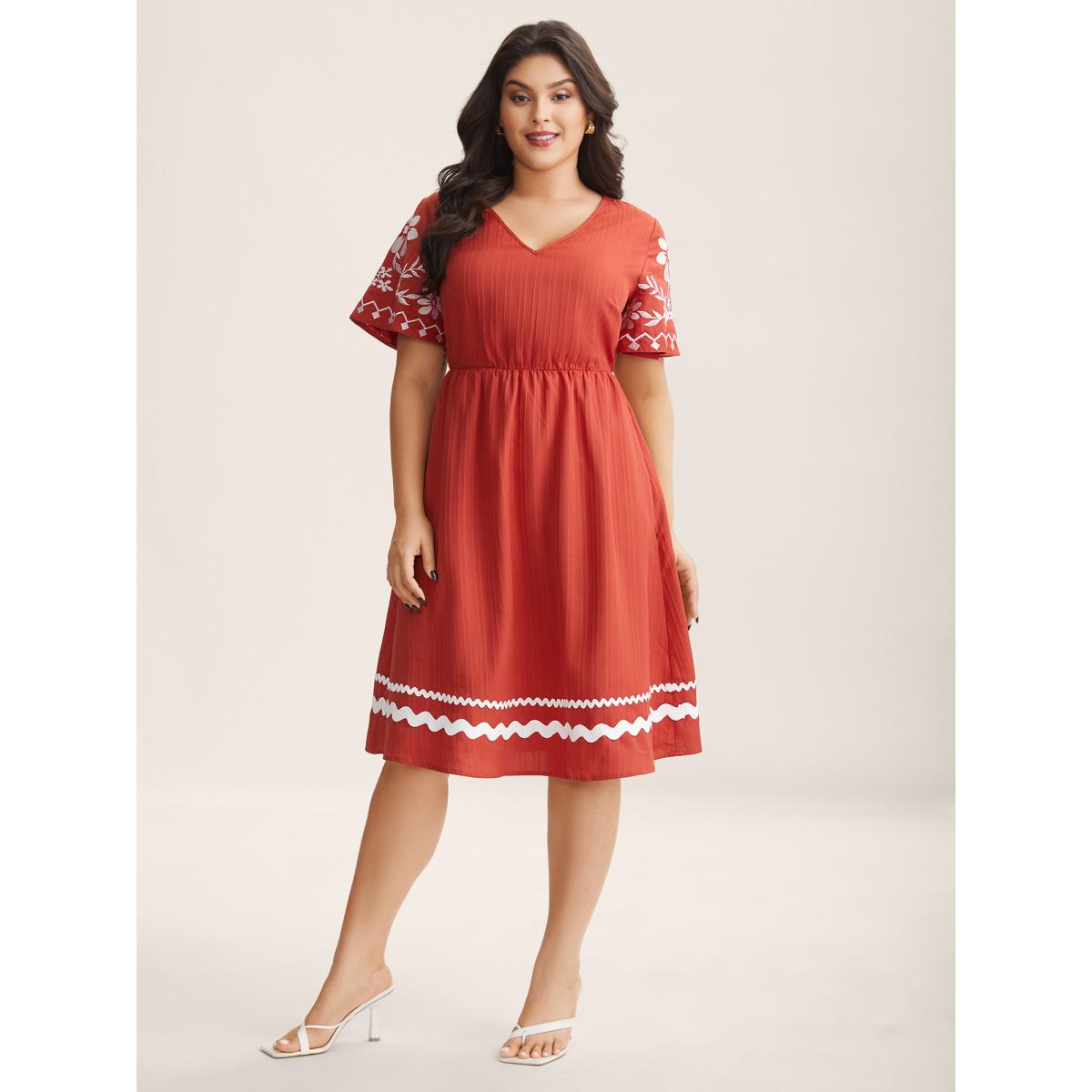 Plus Size Embroidered Sleeve Cinched-Waist Midi Dress Rust Women V-neck Short sleeve Curvy BloomChic 12/L Product Image