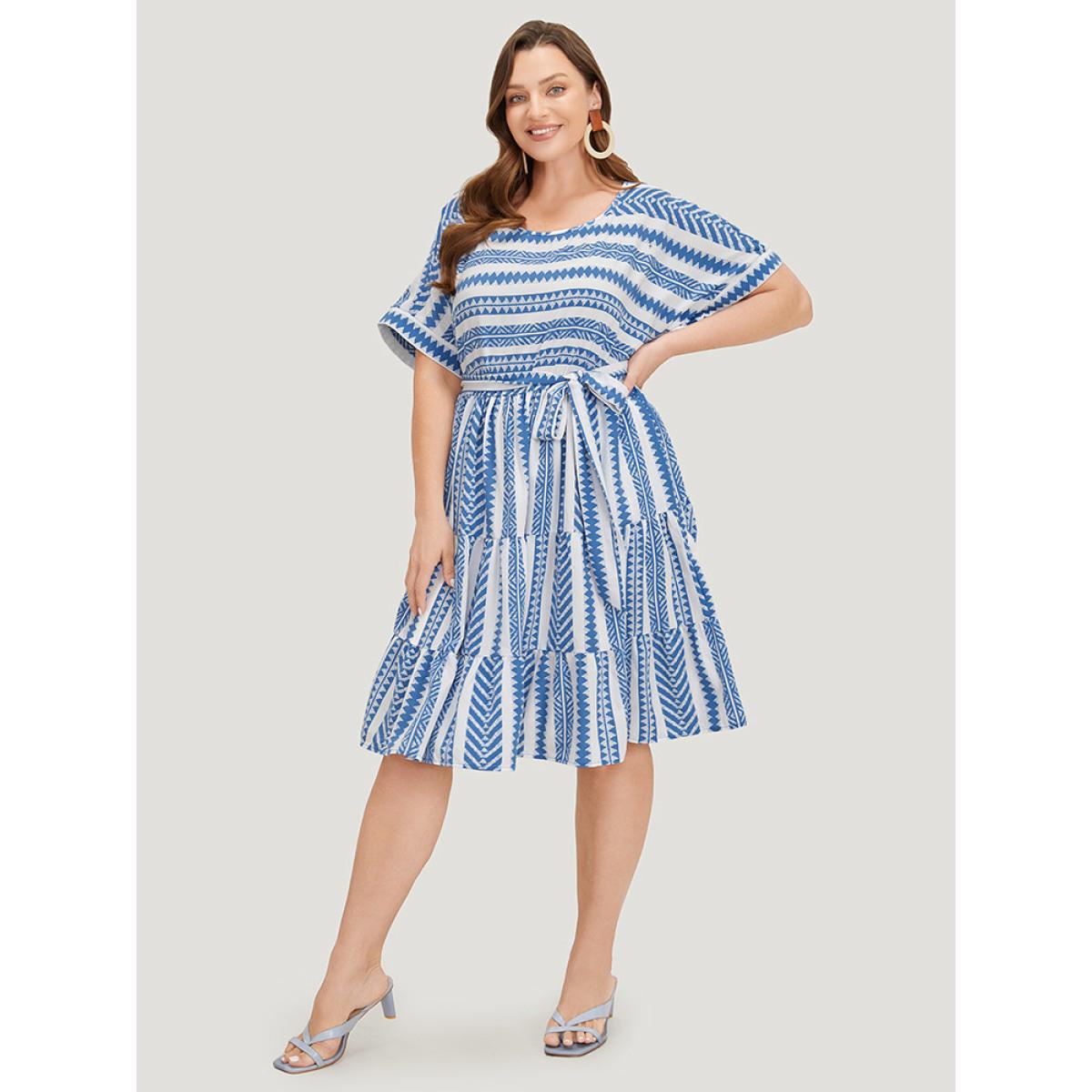 Plus Size Striped Geo Pocket Belt Pocket Layered Hem Dress LightBlue Women Vacation Tiered Round Neck Short sleeve Curvy Knee Dress BloomChic 26/4X Product Image